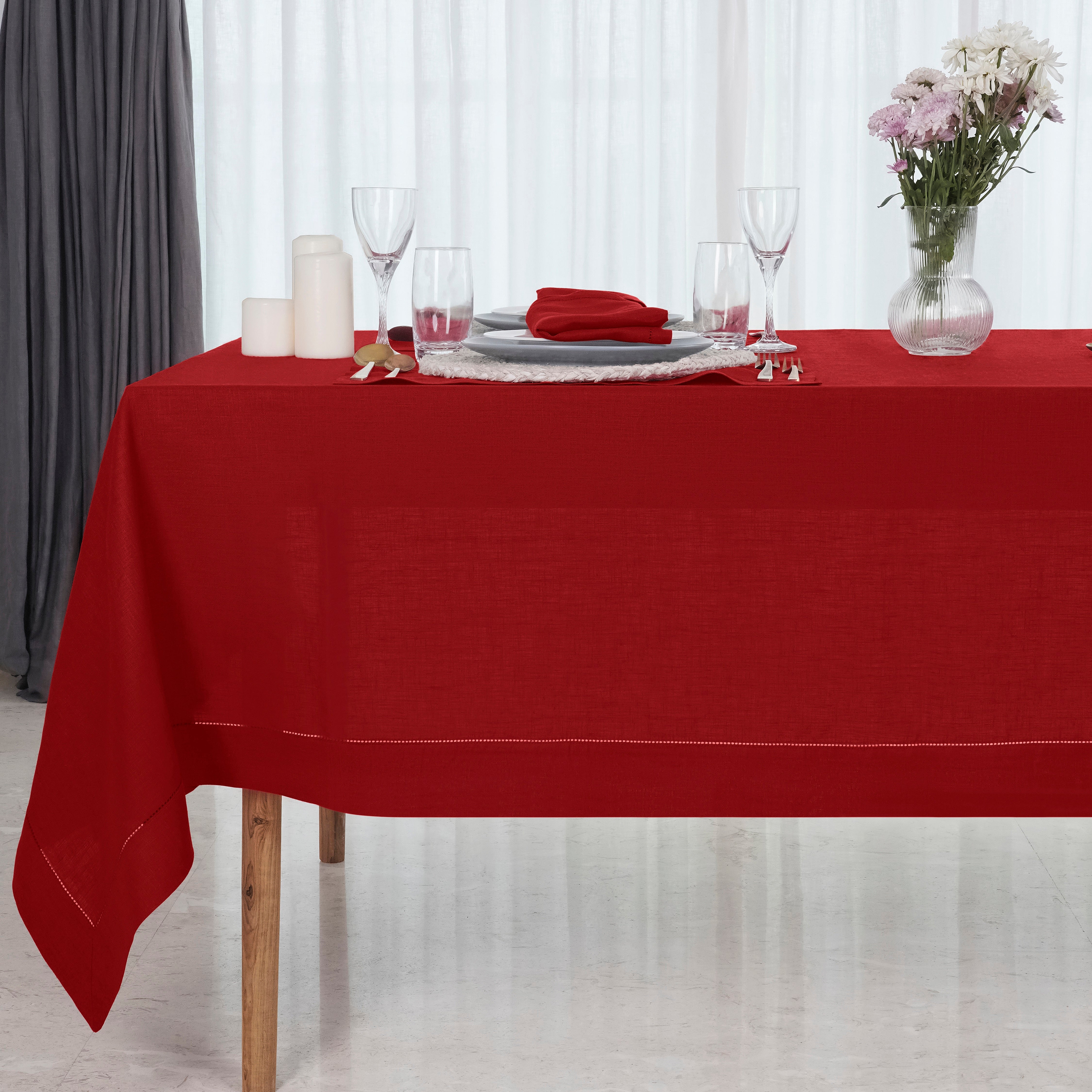 Red Linen Tablecloth, Hemstitch