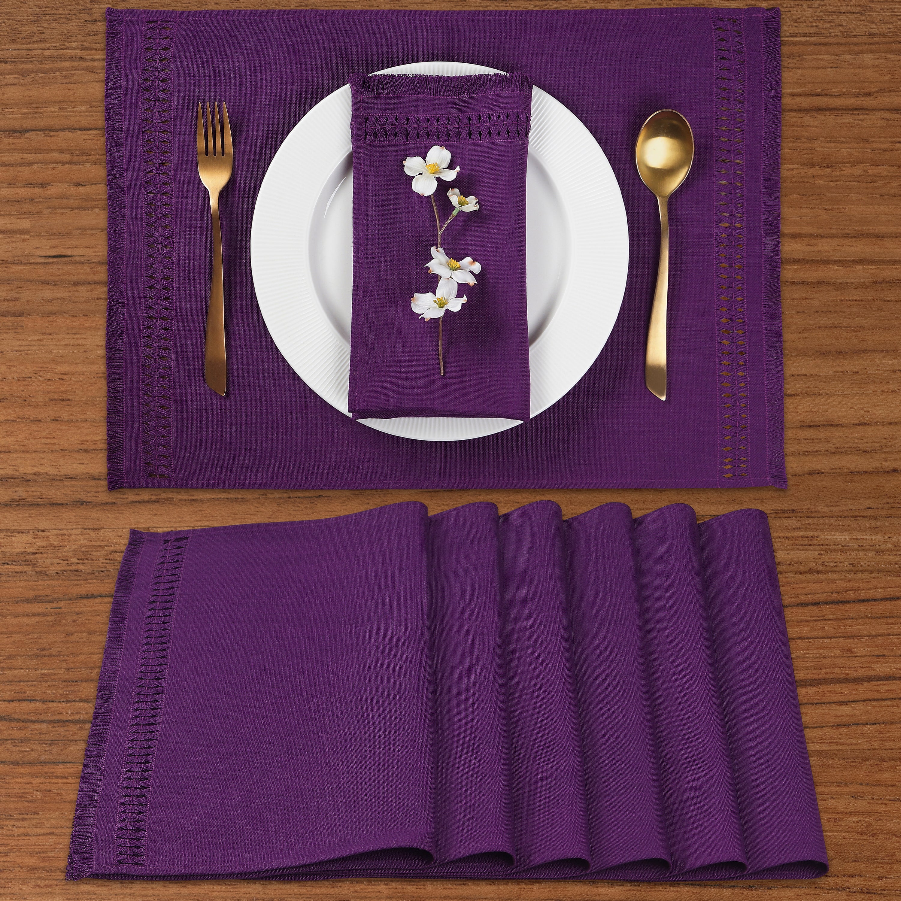 Purple Faux Linen Placemats, Hand Hemstitch, 14 x 19 inch, 6 pcs