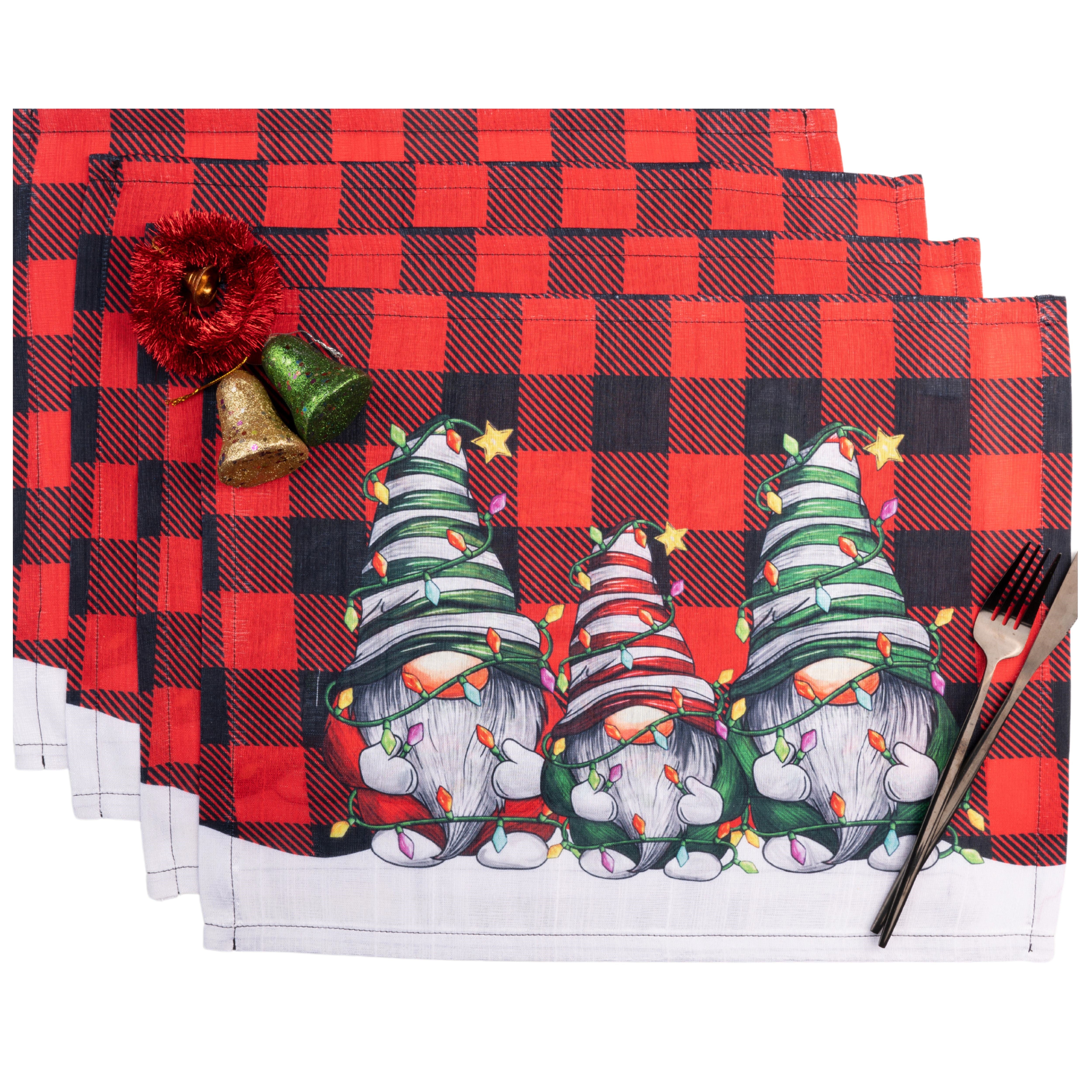 Gnomes Plaid Vegan Silk Placemats 13 x 18 Inch Set of 4 - Christmas Print