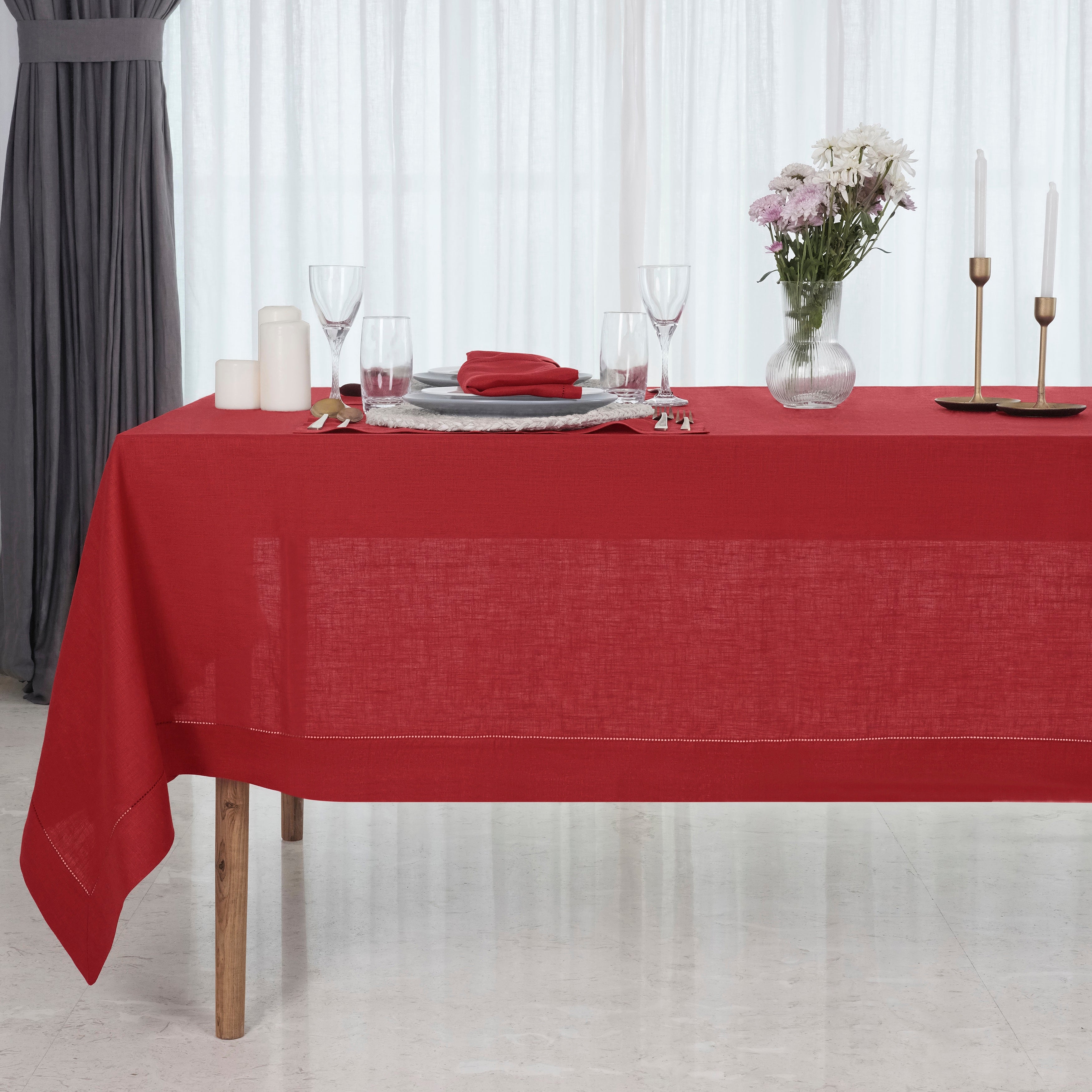 Bright Red Linen Tablecloth, Hemstitch