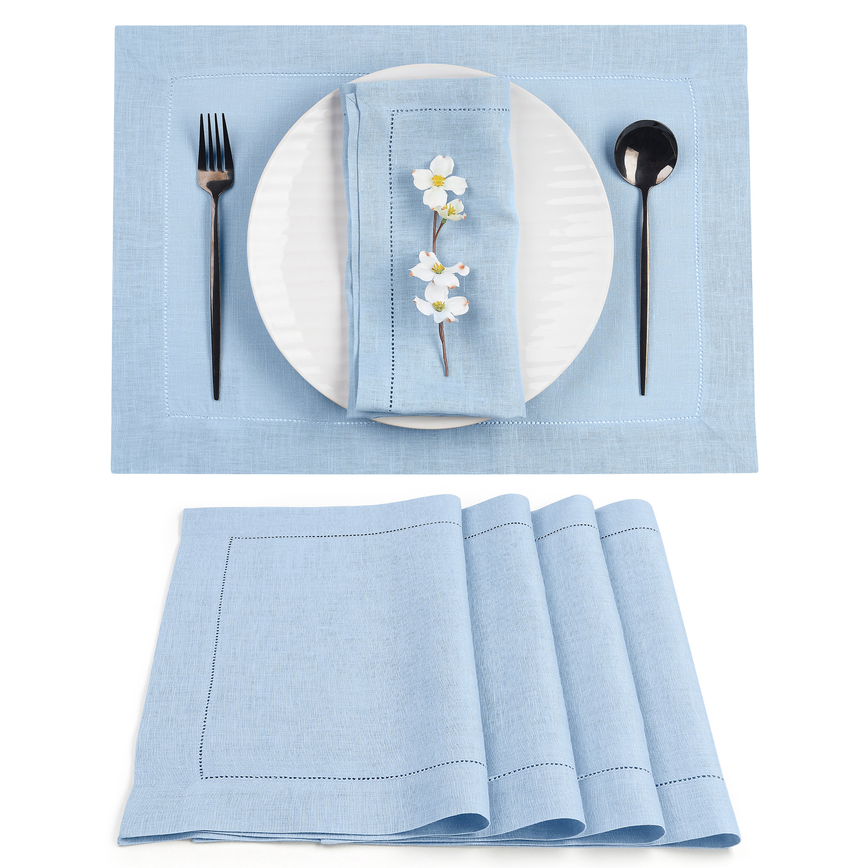 Powder Blue Linen Placemats, Hemstitch, 14 x 19 inch, 4 pcs