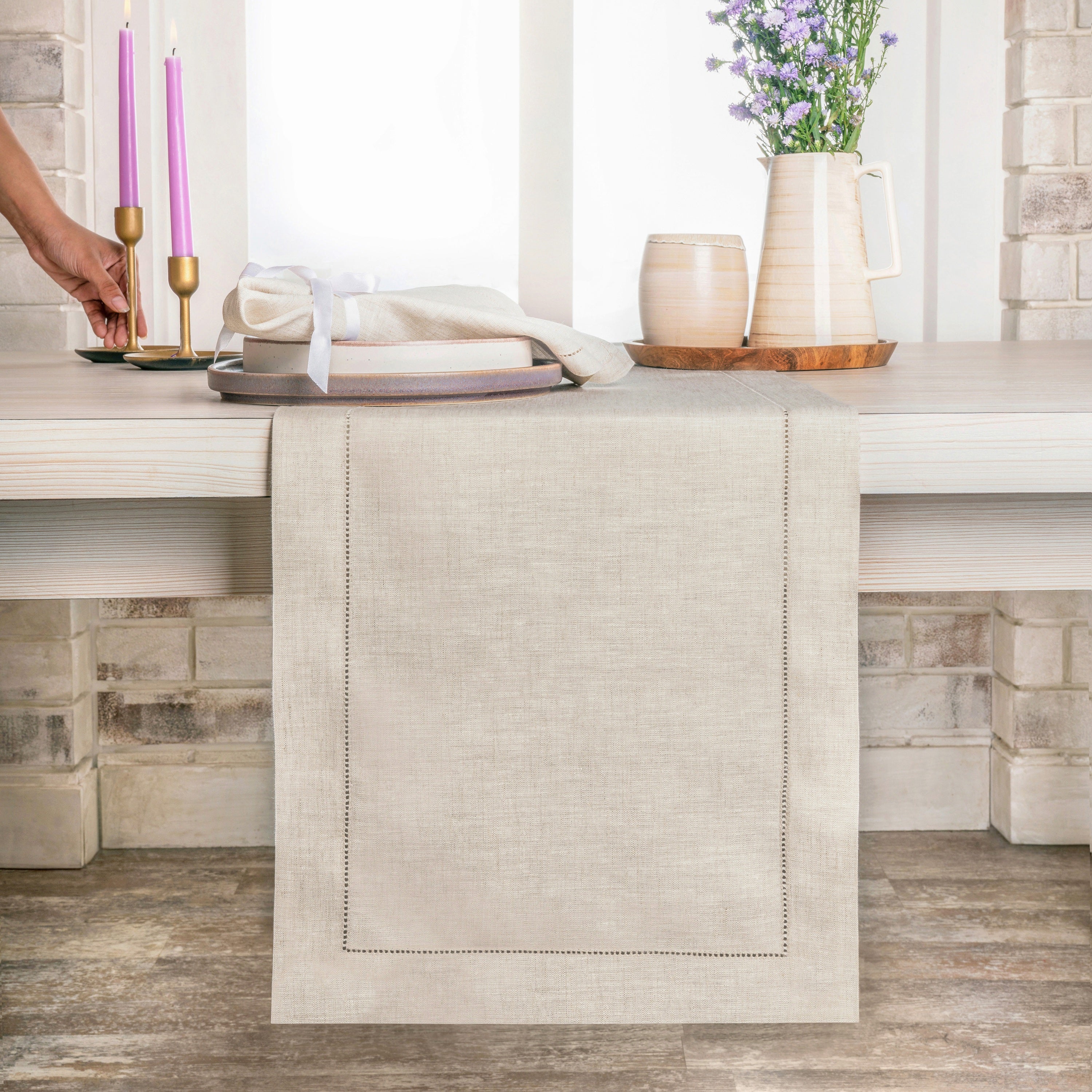 Light Natural Linen Table Runner, Hemstitch