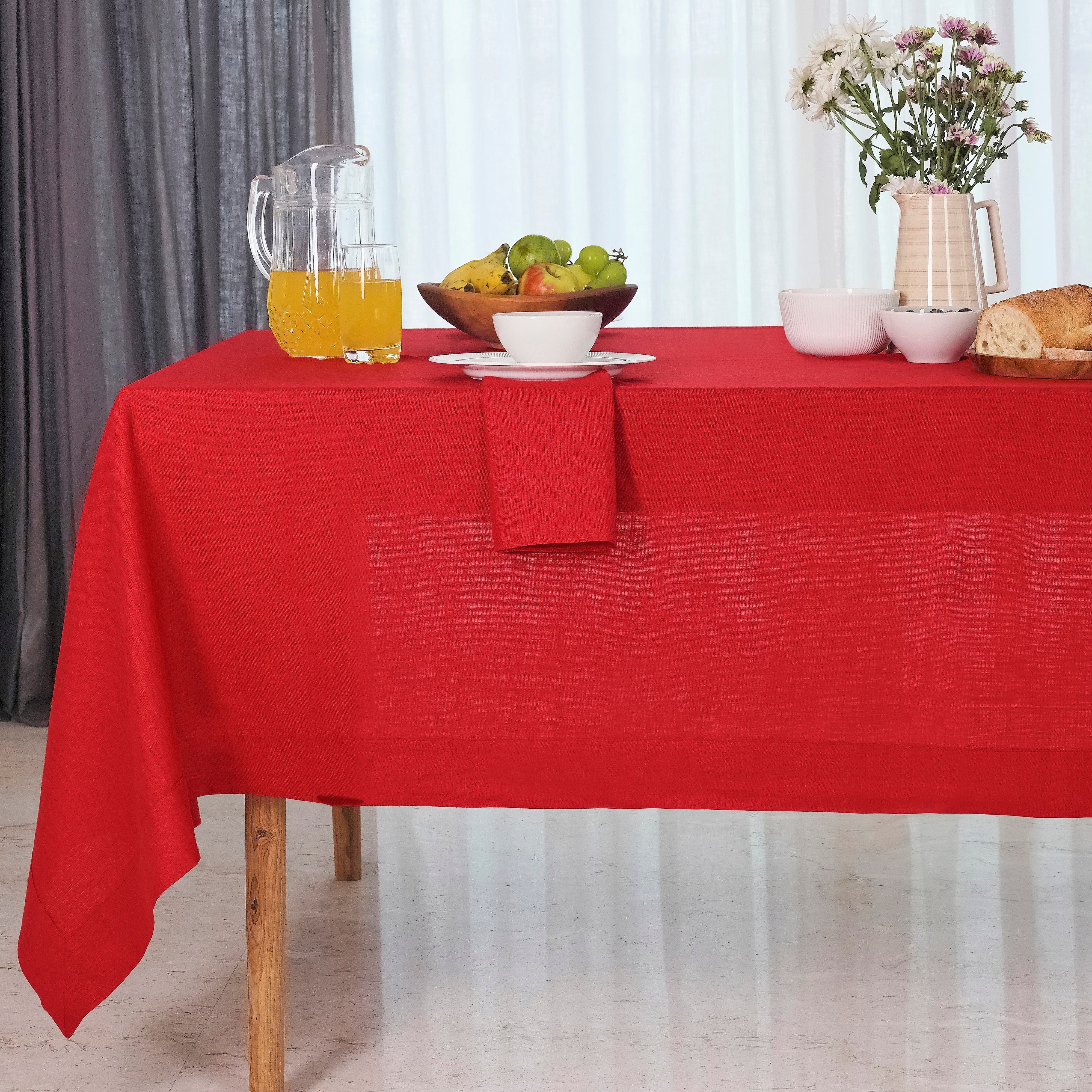 Bright Red Linen Tablecloth, Hemstitch