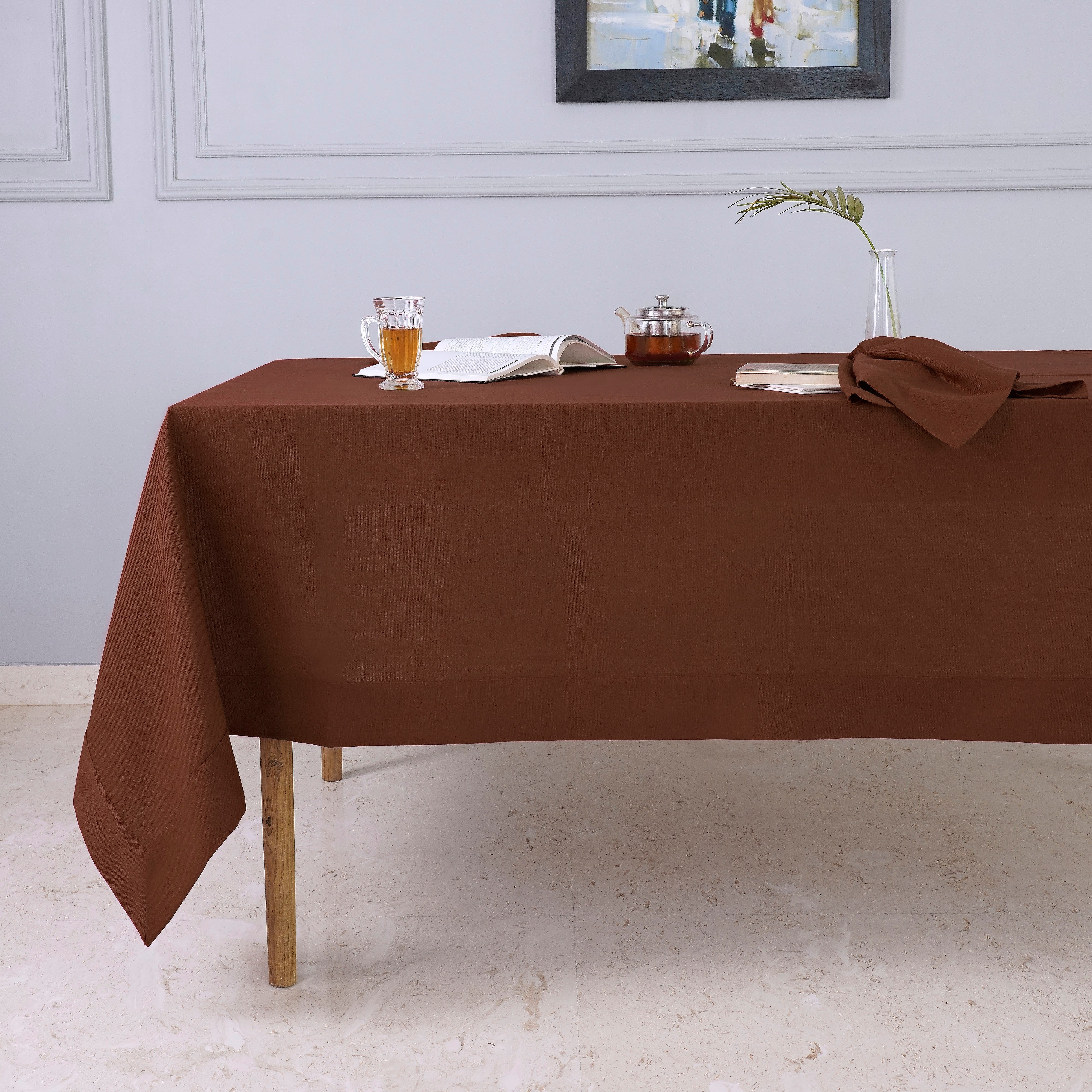 Brown Tablecloth, Faux Linen, Mitered Corner