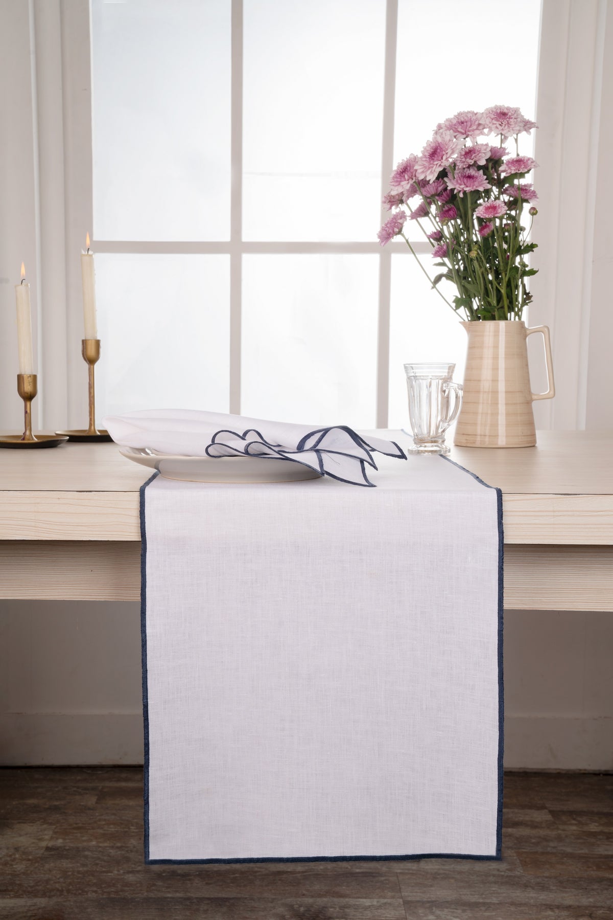 White & Navy Blue Linen Table Runner- Marrow Edge