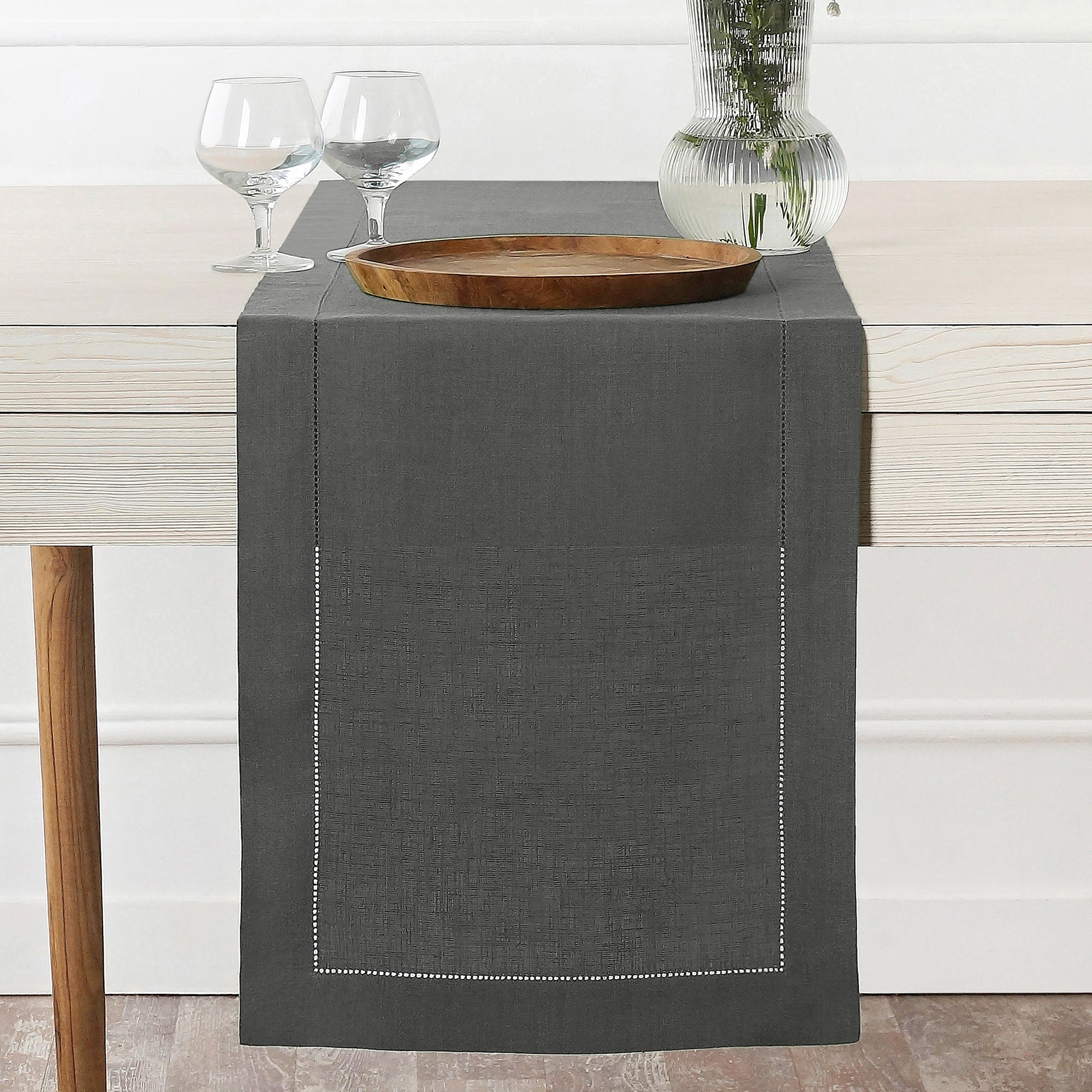 Charcoal Grey Linen Table Runner, Hemstitch