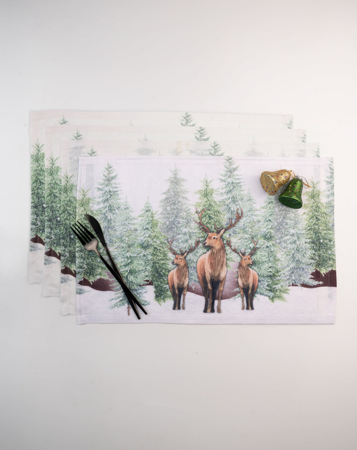 Reindeer & Pine Tree Raw Silk Textured Placemats 13 x 18 Inch Set of 4 - Christmas Print