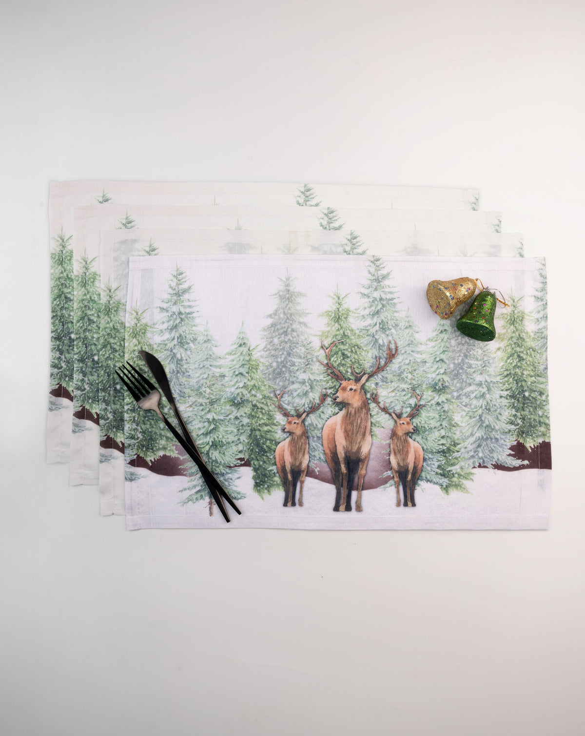 Christmas Print Reindeer & Pine Tree Recycled Fabric Placemats