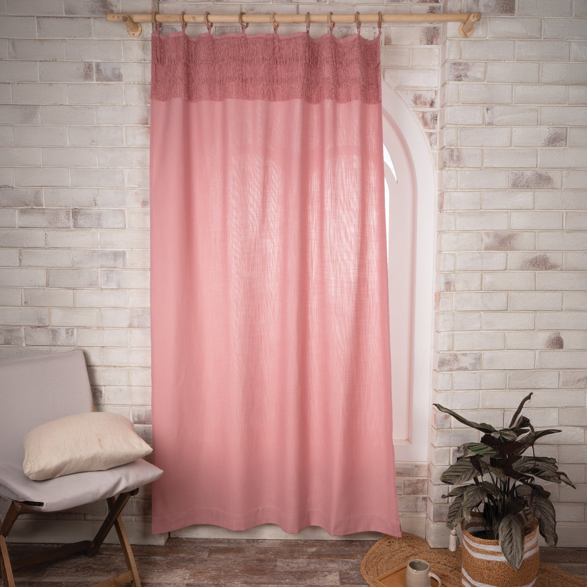 Dusty Pink Faux Linen Three Layer Fringe Curtain