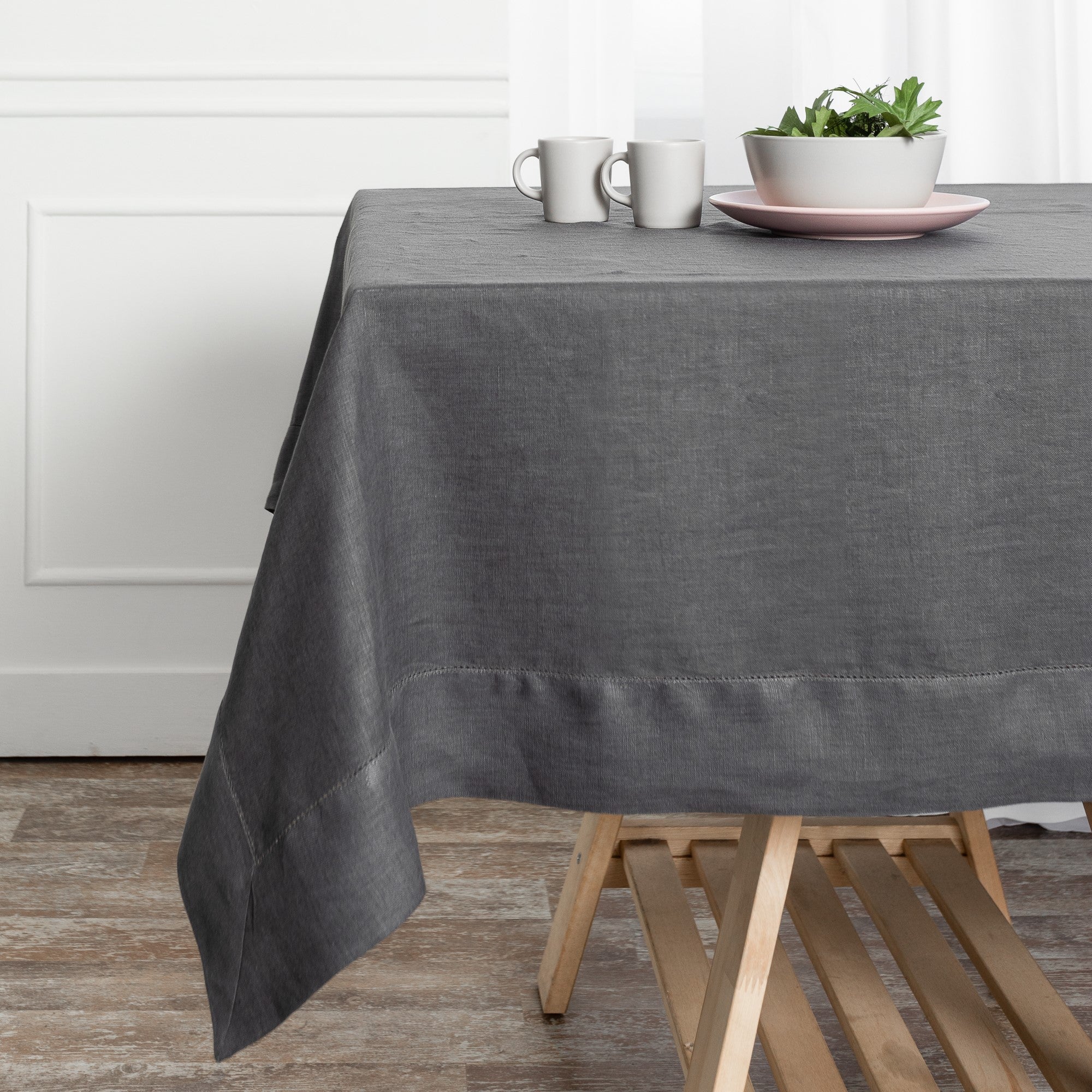 Charcoal Grey Linen Tablecloth, Hemstitch