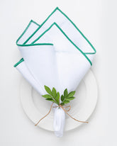 White & Green  Linen Dinner Napkins 20 x 20 Inch Set of 4 - Marrow Edge