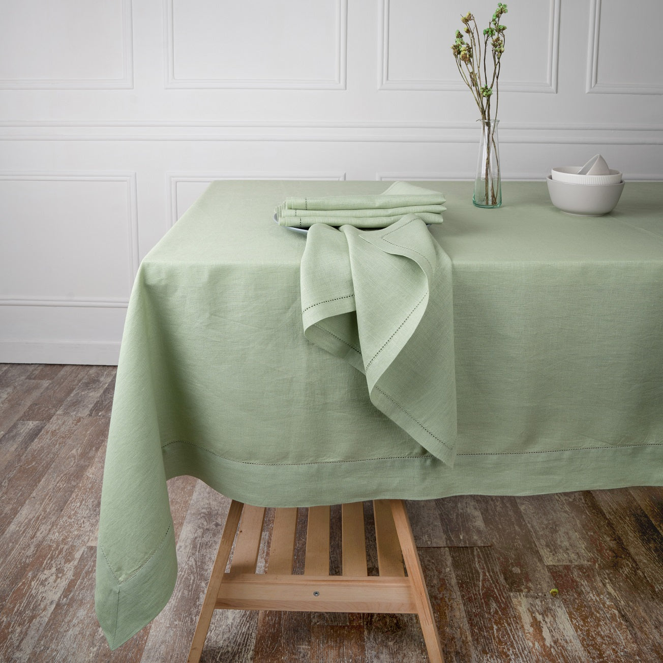 Sage Green Linen Tablecloth, Hemstitch