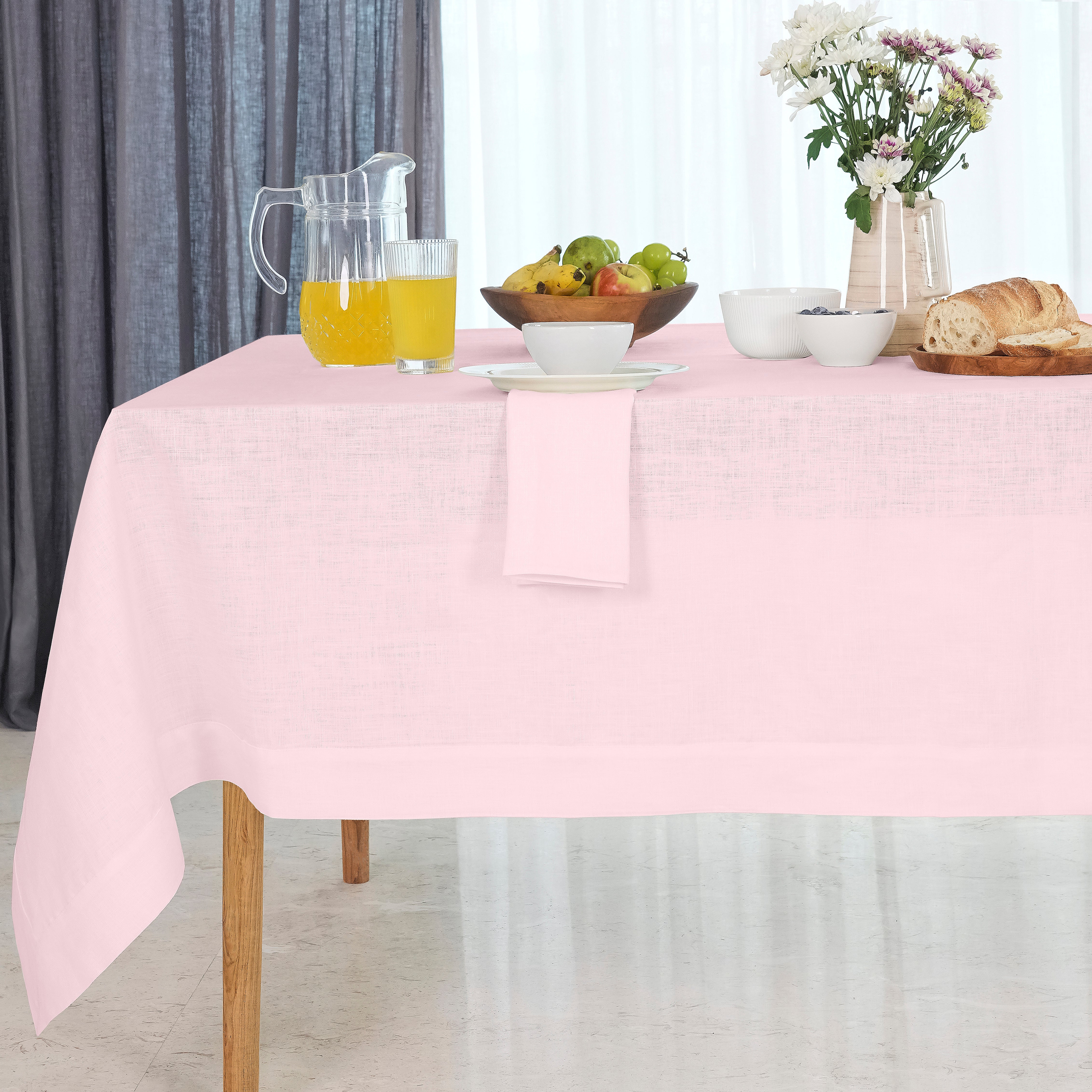 Pastel Pink Linen Tablecloth, Hemmed