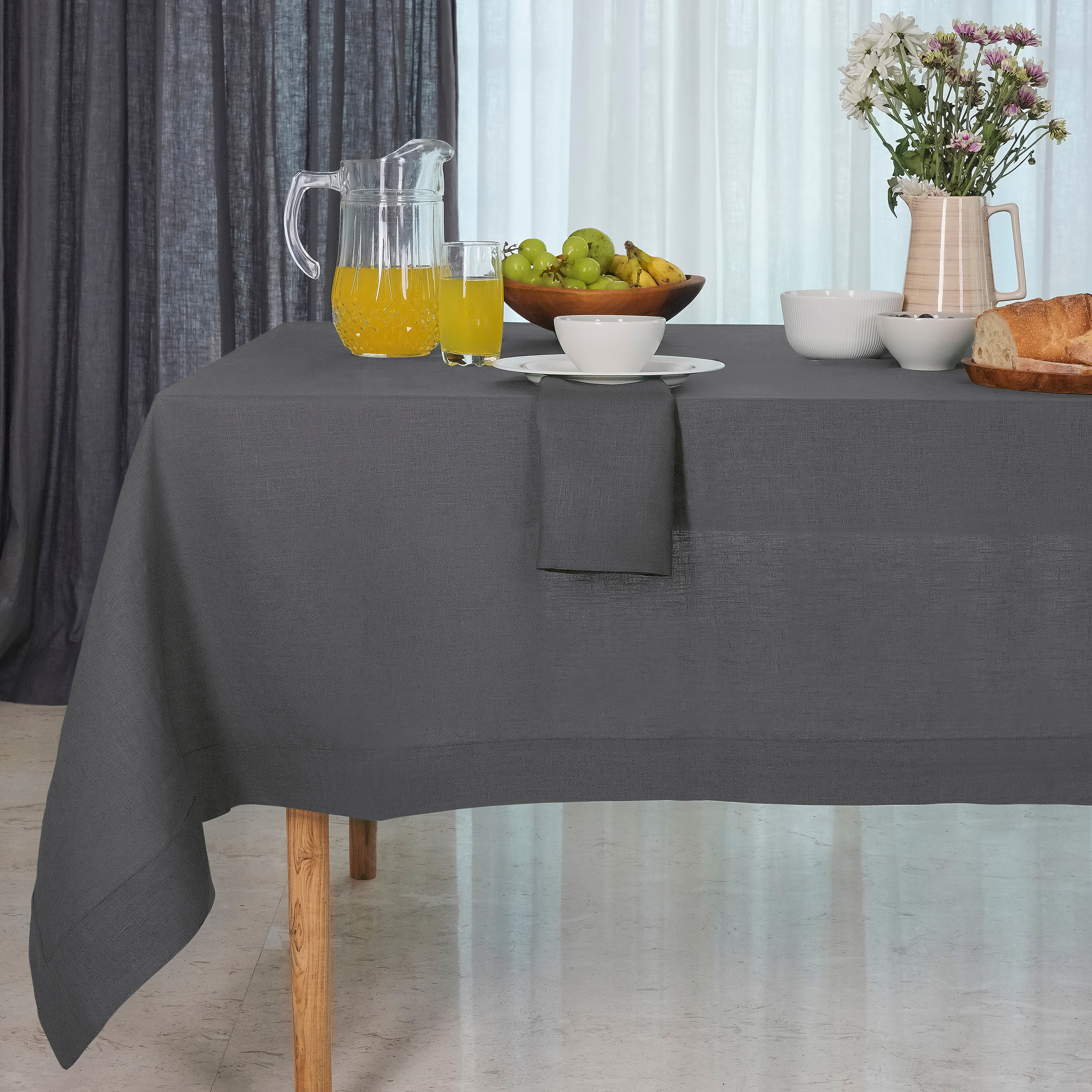 Charcoal  Grey Linen Tablecloth, Hemmed