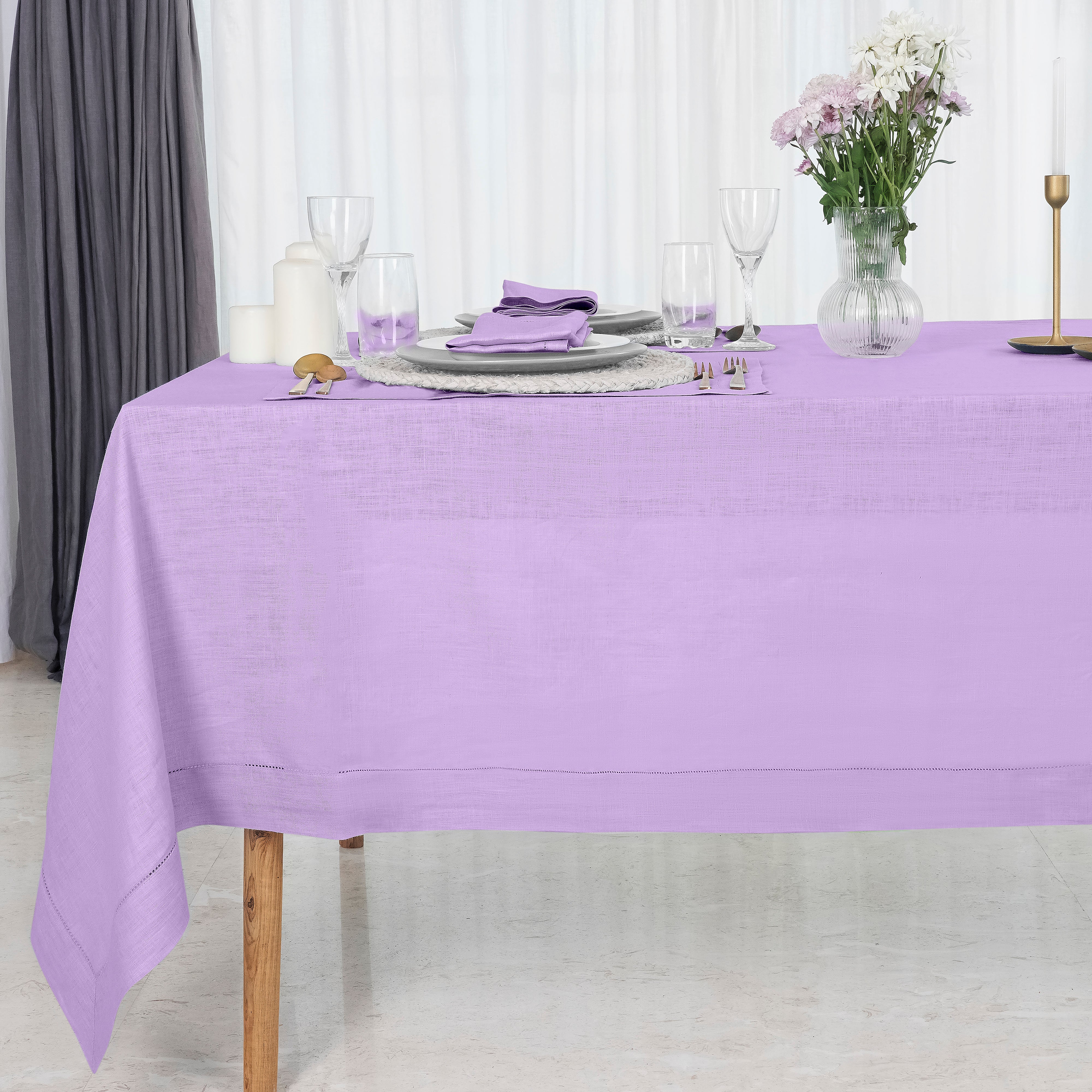 Lavender Linen Tablecloth, Hemstitch