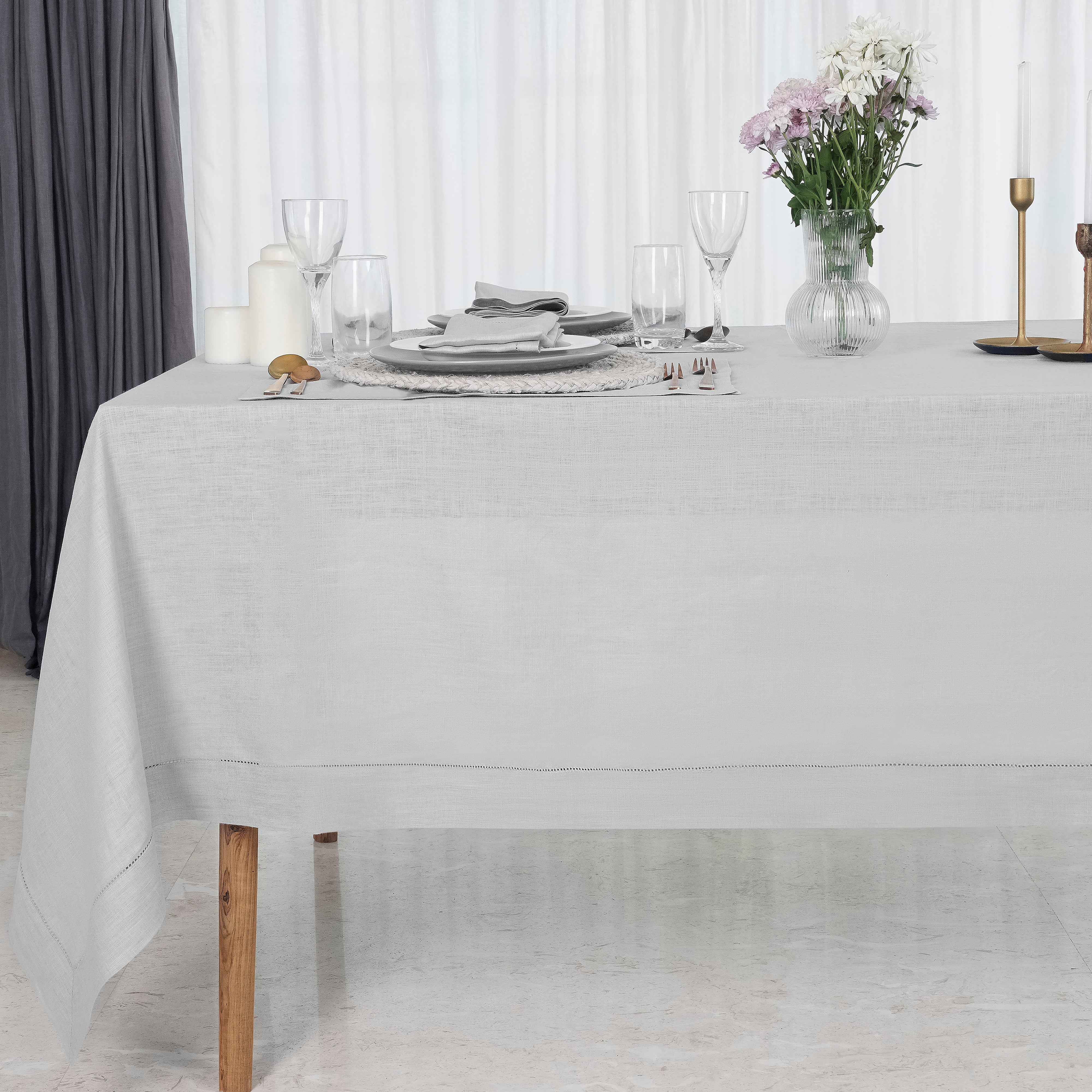 Silver Grey Linen Tablecloth, Hemstitch