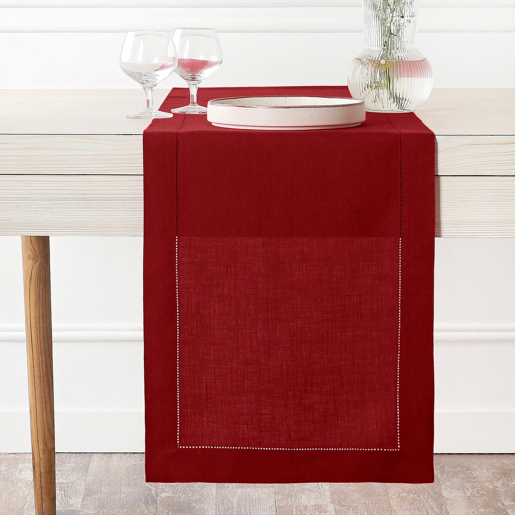 Pure linen red table runner with hemstitch design for holiday decor