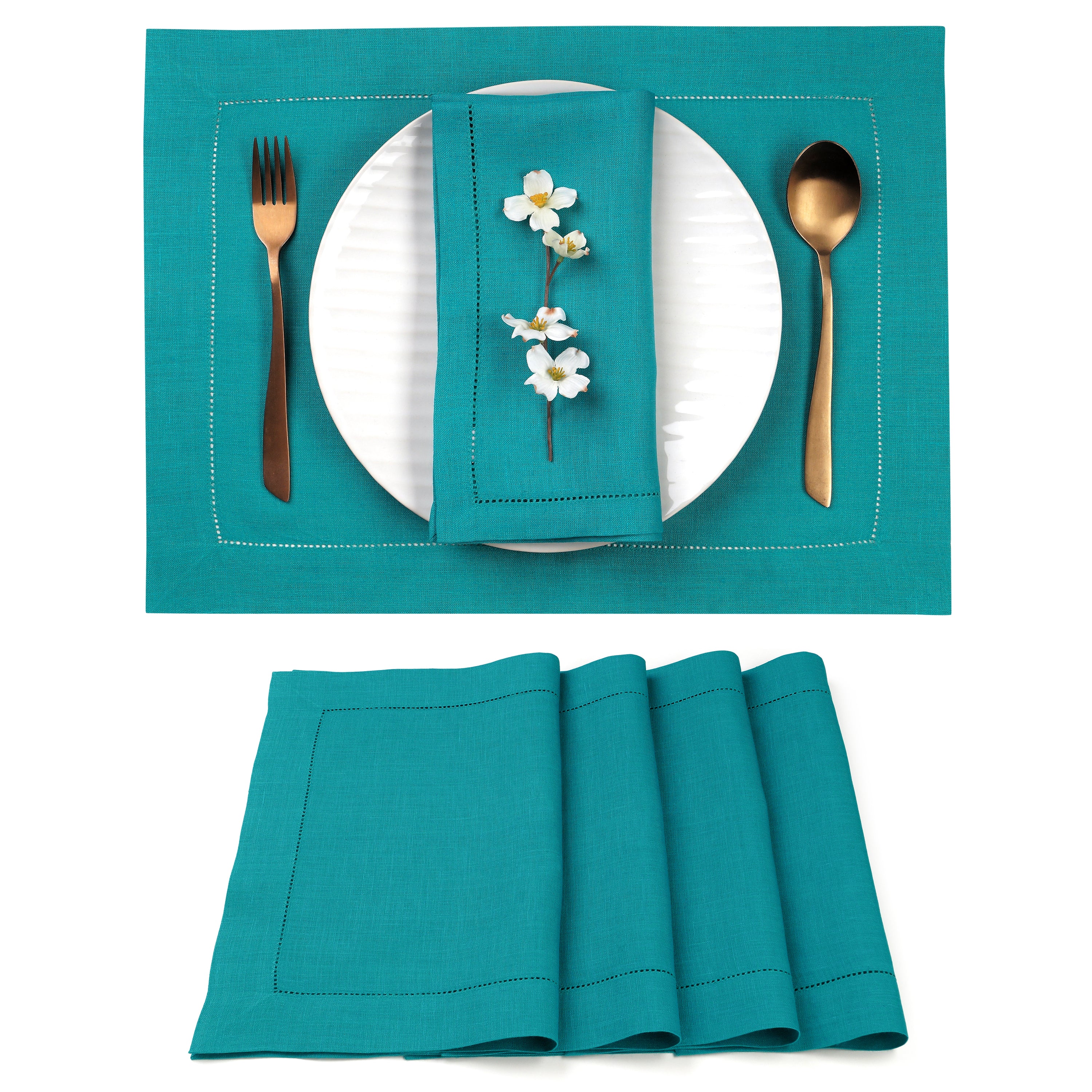 Teal Blue Linen Placemats, Hemstitch, 14 x 19 inch, 4 pcs