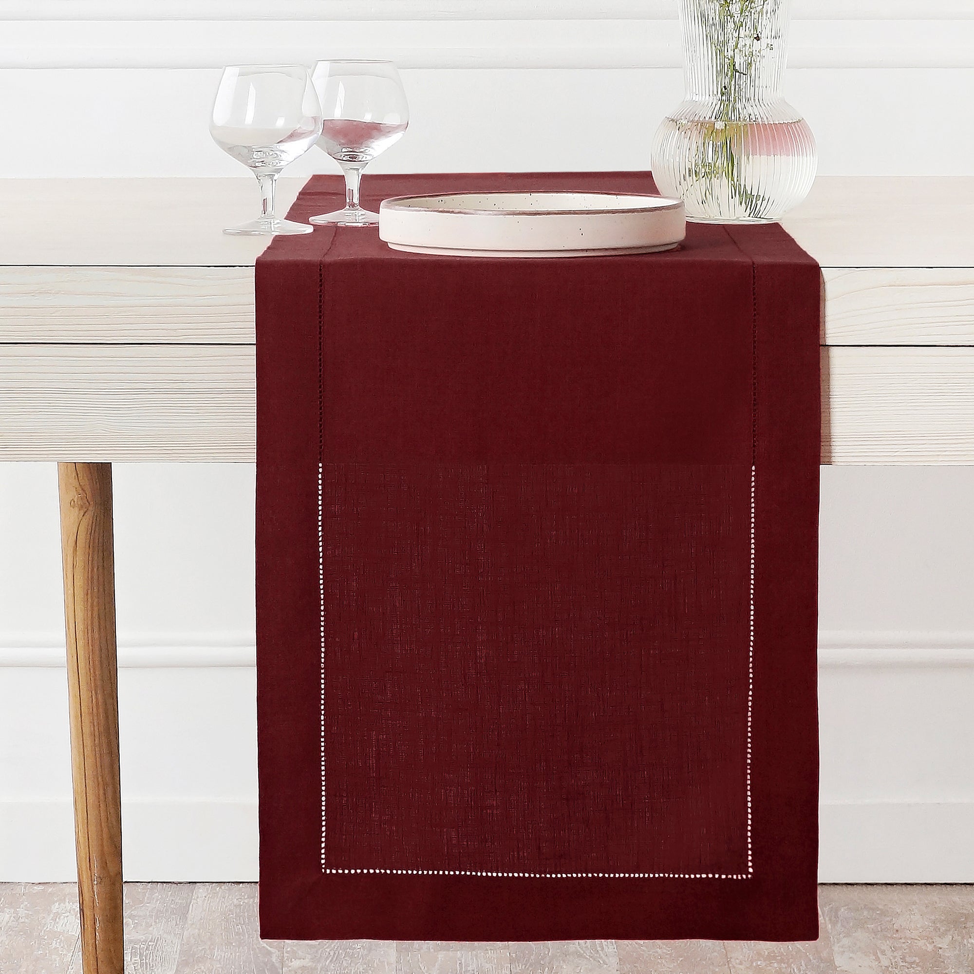 Dark Red Linen Table Runner, Hemstitch