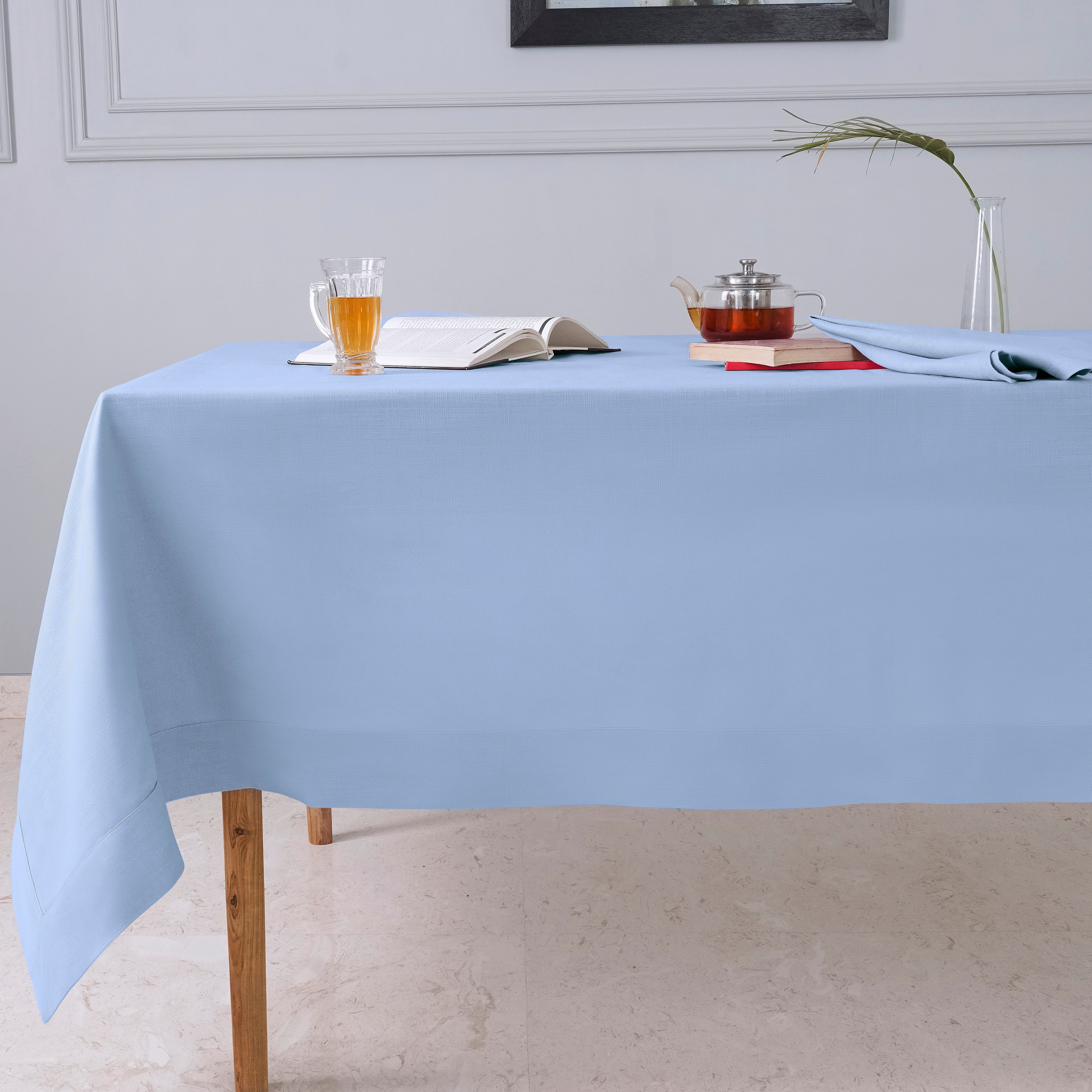 Light Blue Tablecloth, Faux Linen, Mitered Corner