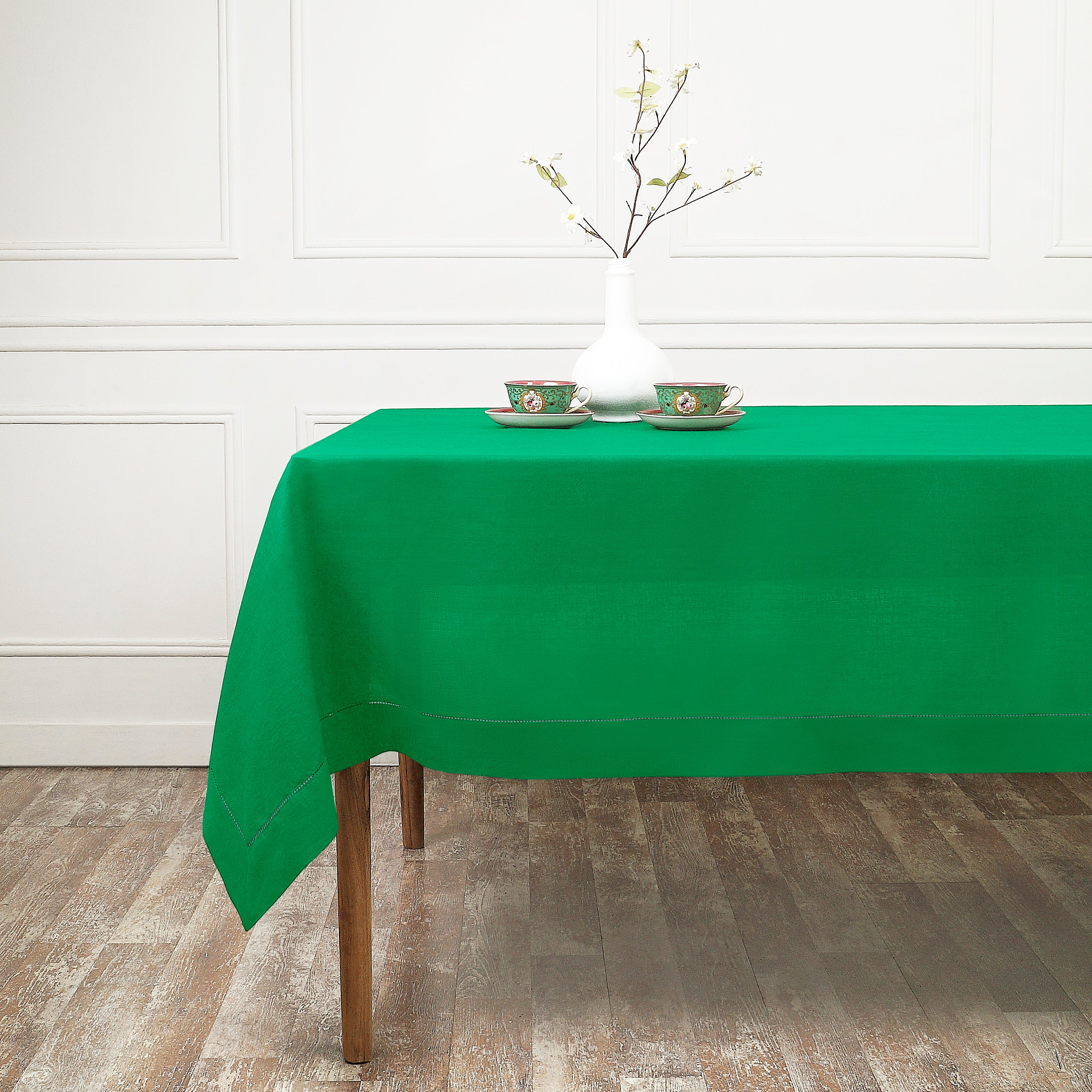 Kelly Green Linen Tablecloth, Hemstitch