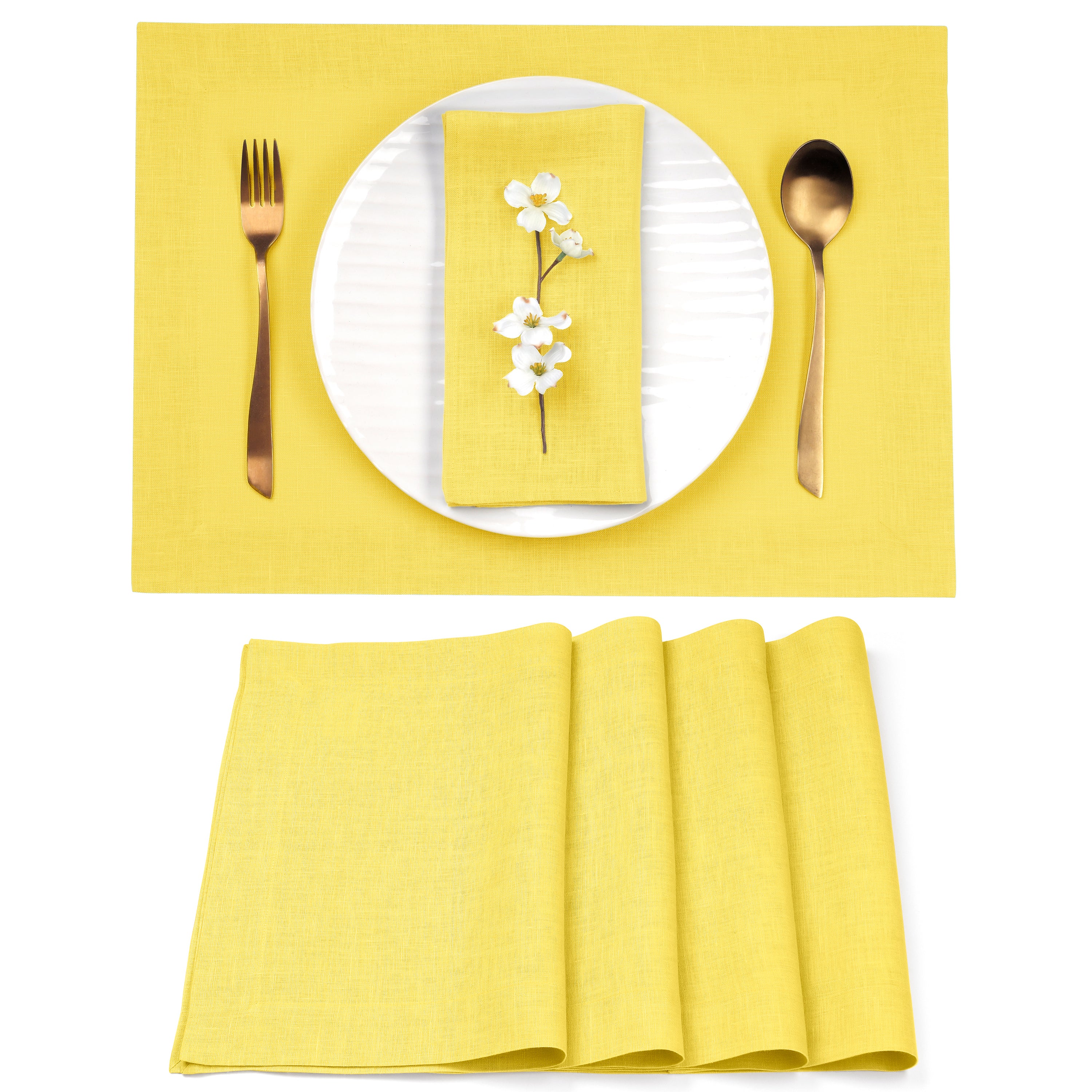 Lemon Yellow Linen Placemats, Hemmed, 14 x 19 inch, 4 pcs