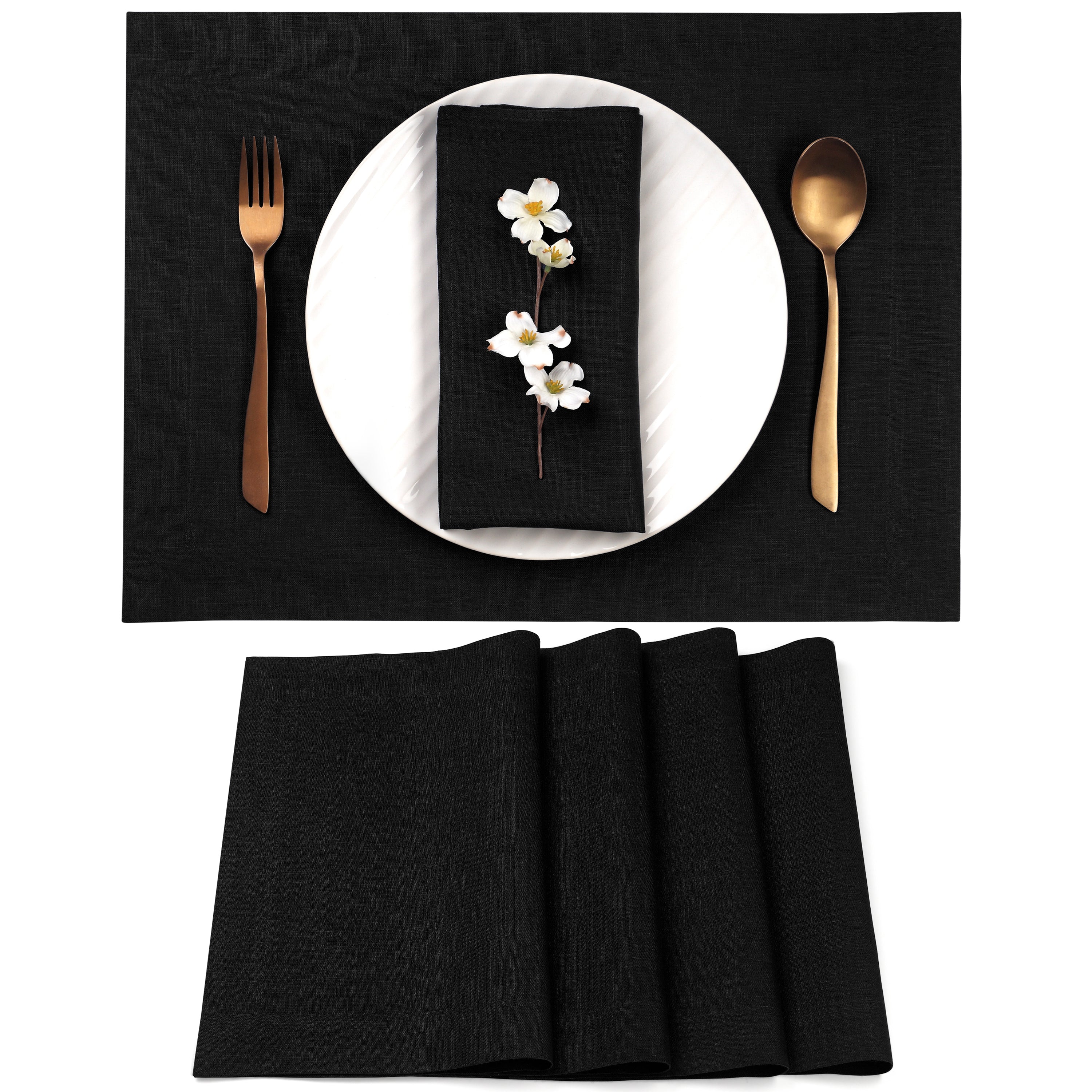 Black Linen Placemats, Hemmed, 14 x 19 inch, 4 pcs