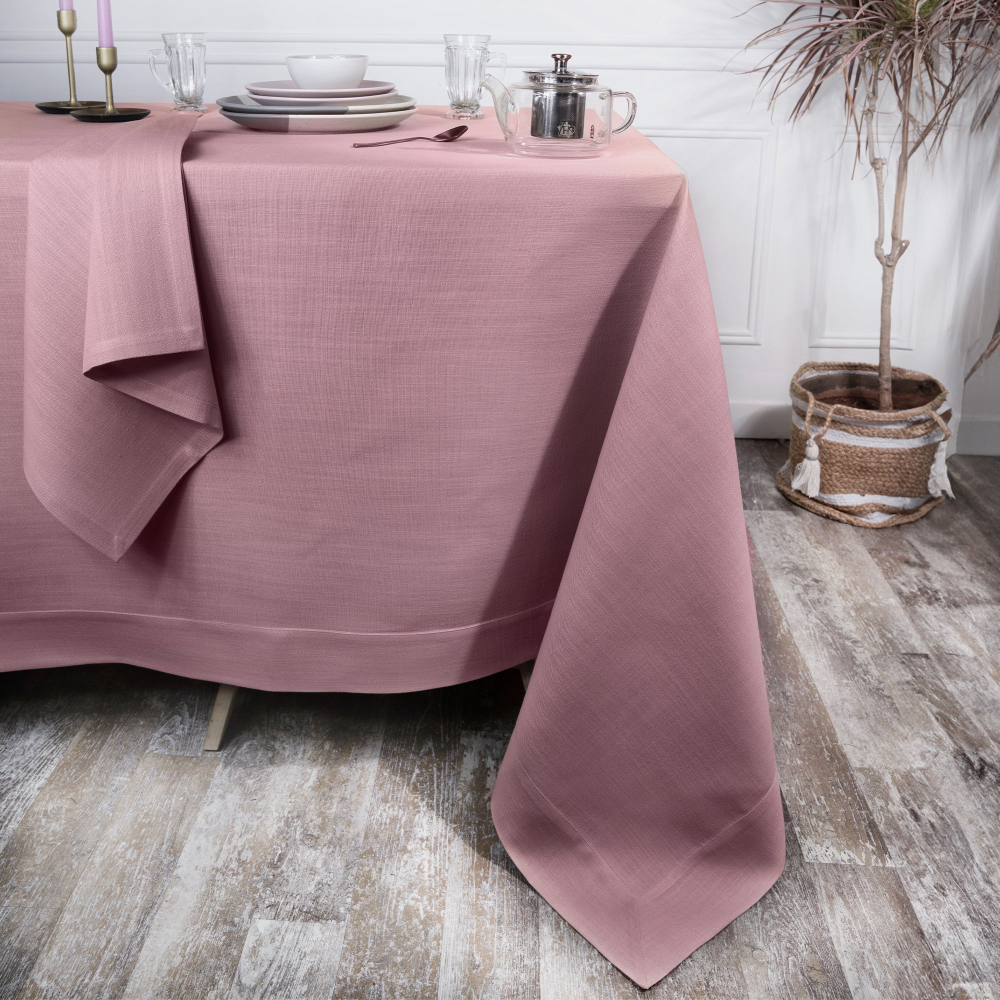 Dusty Pink Tablecloth, Faux Linen, Mitered Corner