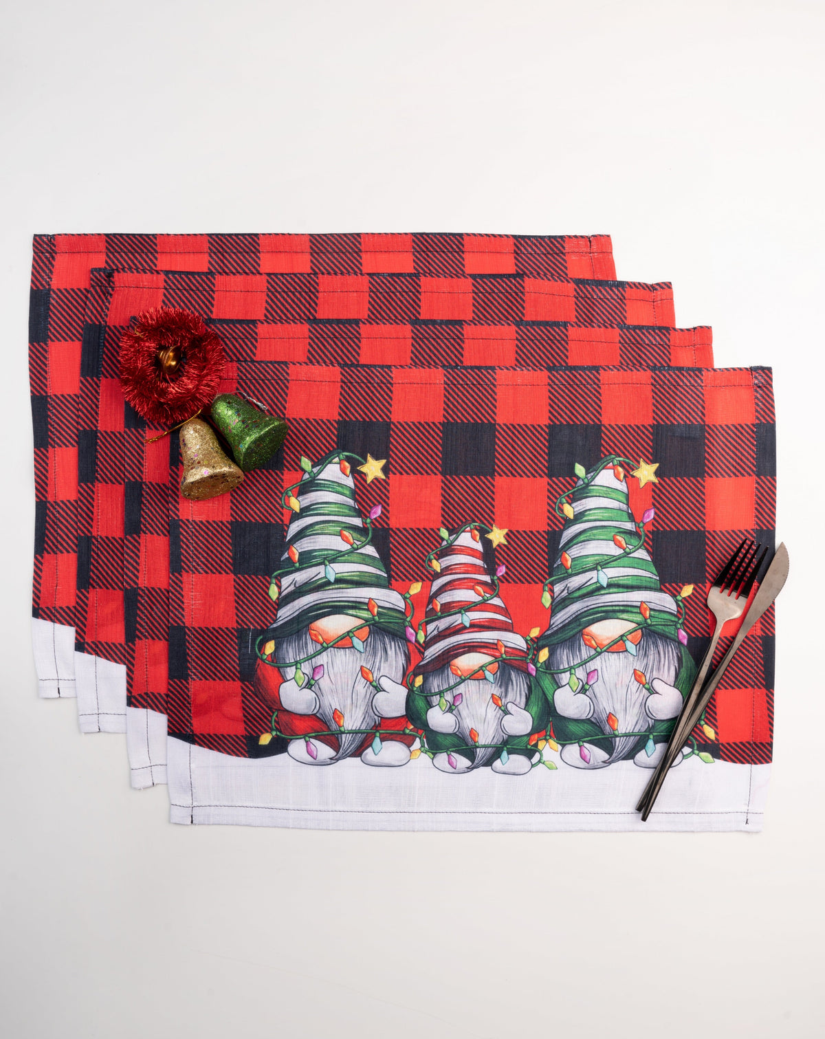 Gnomes Plaid Raw Silk Textured Placemats 13 x 18 Inch Set of 4 - Christmas Print