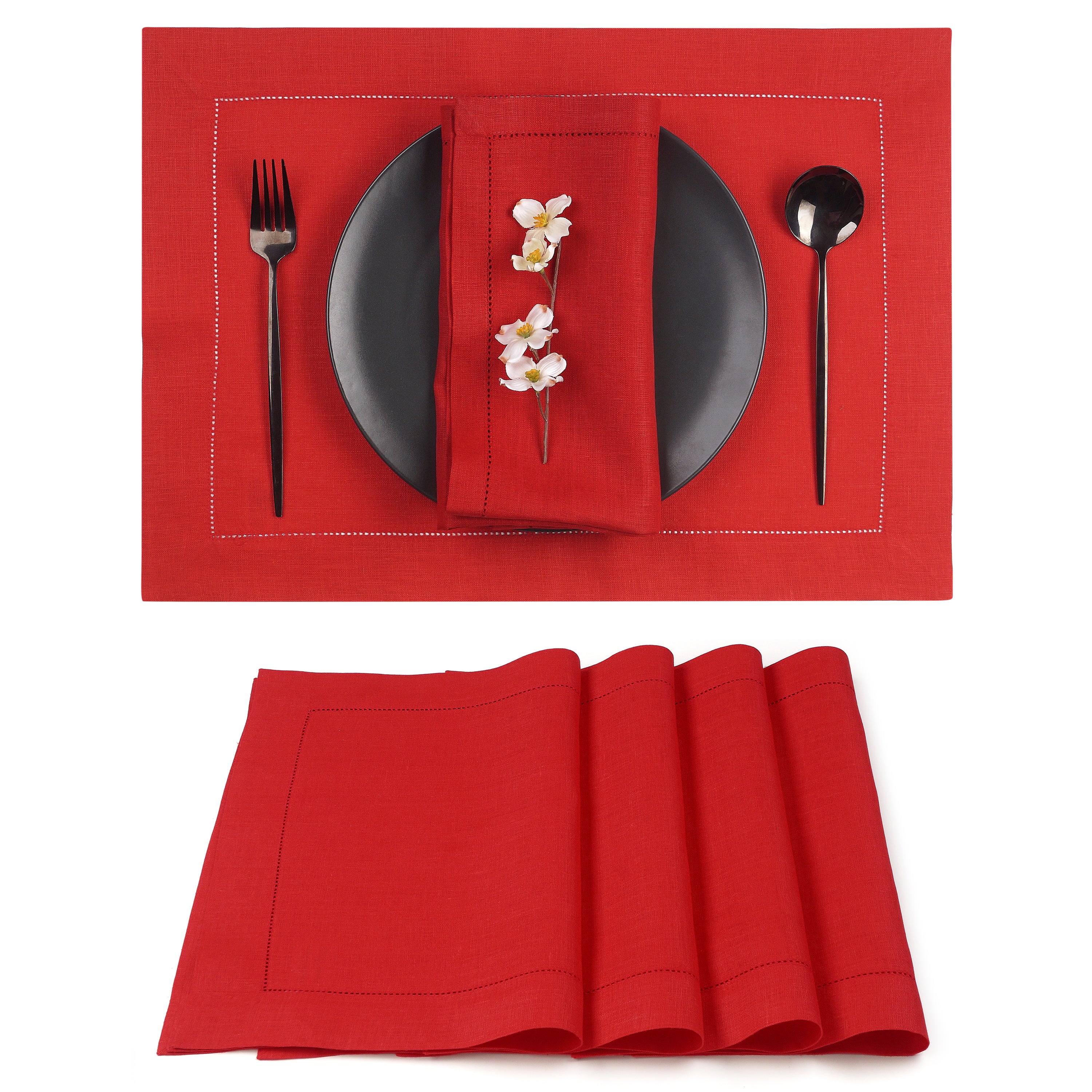 Bright Red Linen Placemats, Hemstitch, 14 x 19 inch, 4 pcs