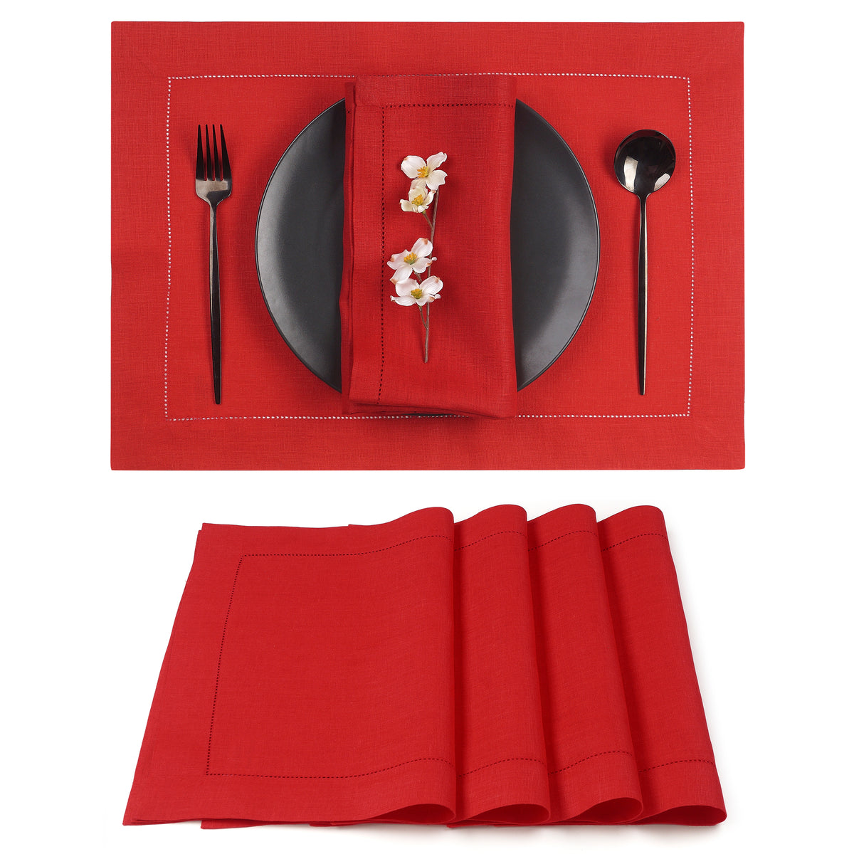 Bright Red Linen Placemats 14 x 19 Inch Set of 4 - Hemstitch