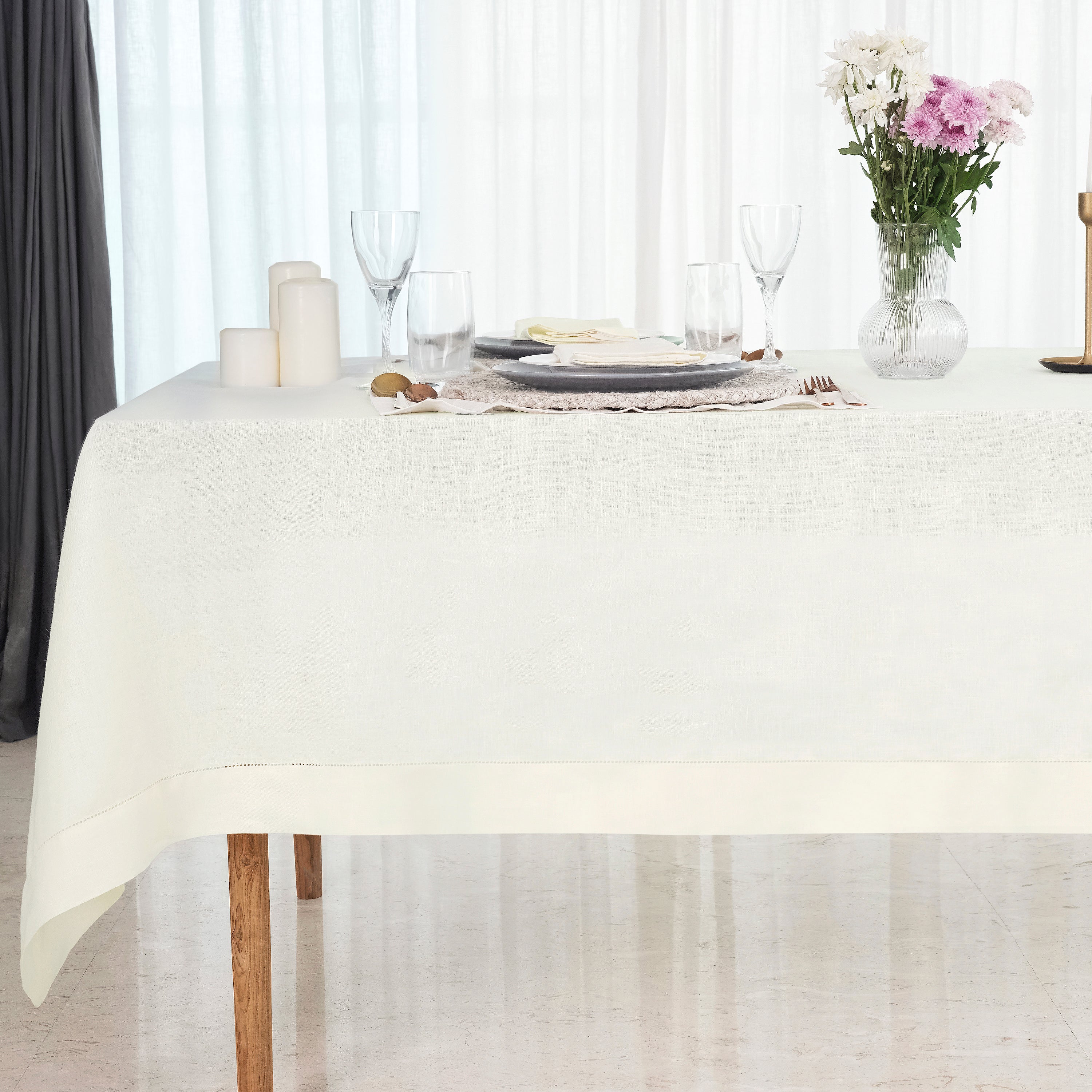 Ivory Linen Tablecloth, Hemstitch