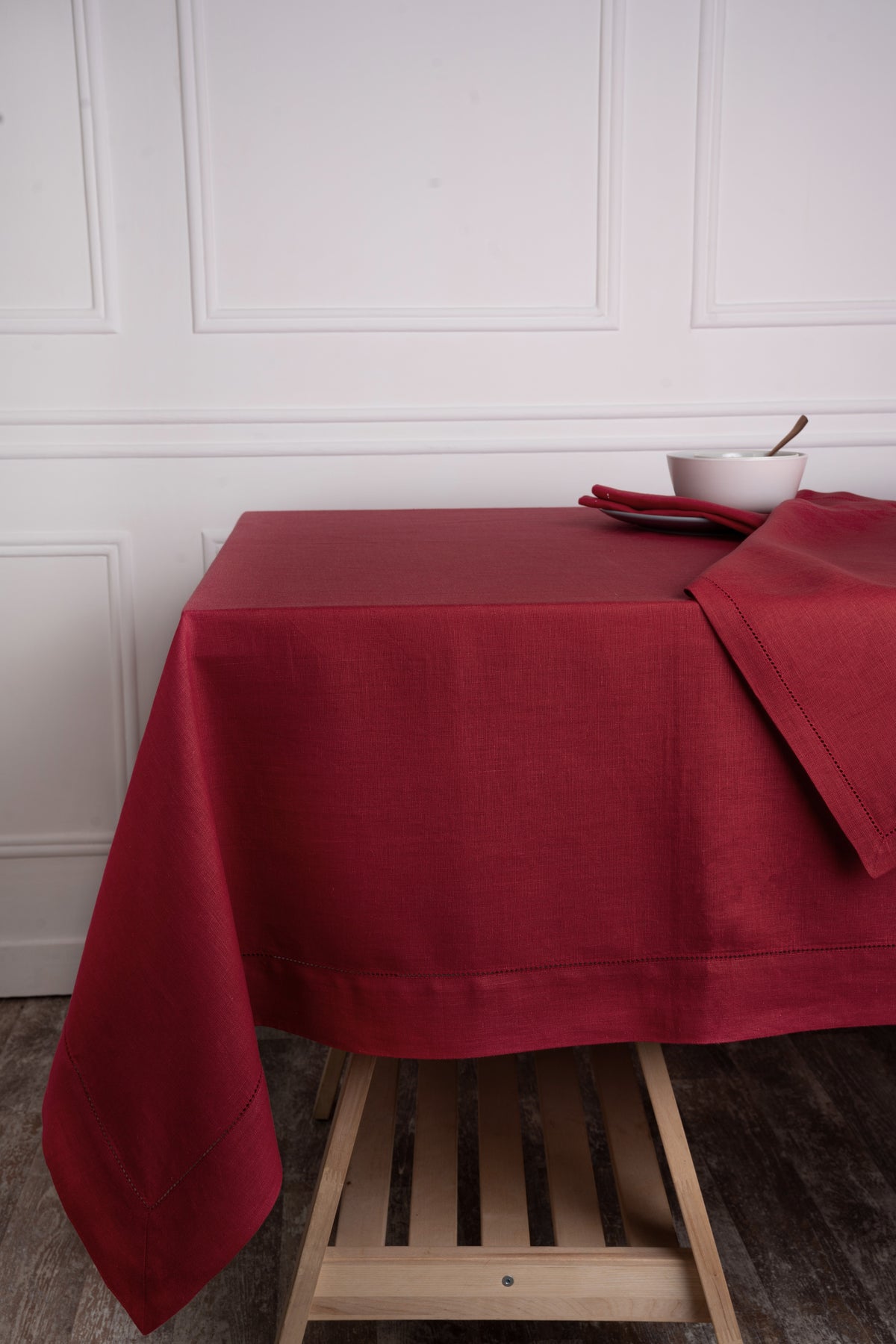 Dark Red Linen Tablecloth - Hemstitch