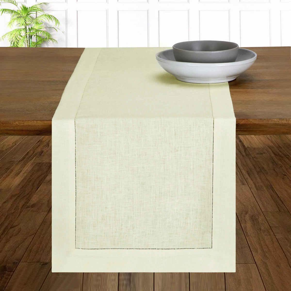 Vanilla Cream Linen Table Runner - Hemstitch
