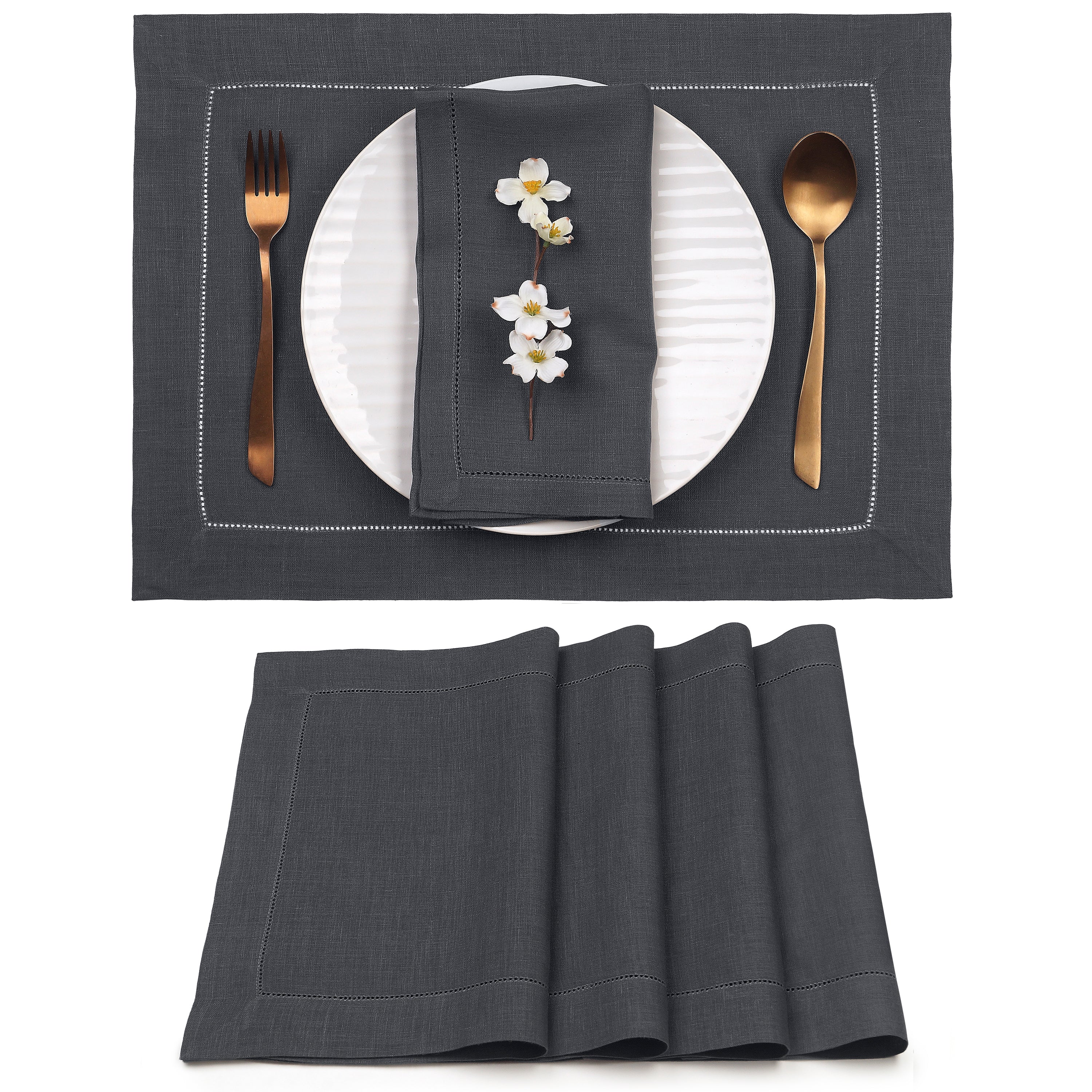 Charcoal Grey Linen Placemats, Hemstitch, 14 x 19 inch, 4 pcs