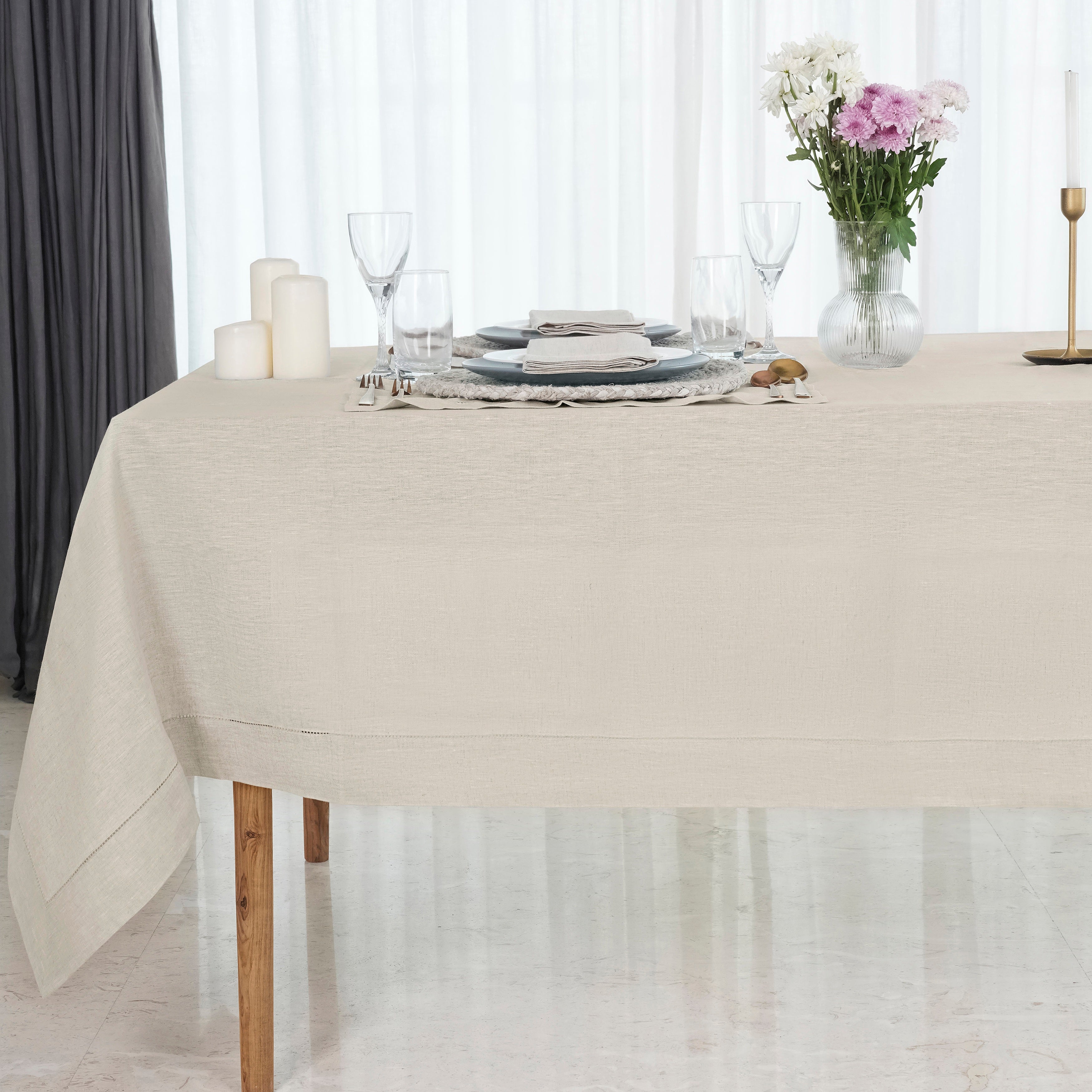 Light Natural Linen Tablecloth, Hemstitch