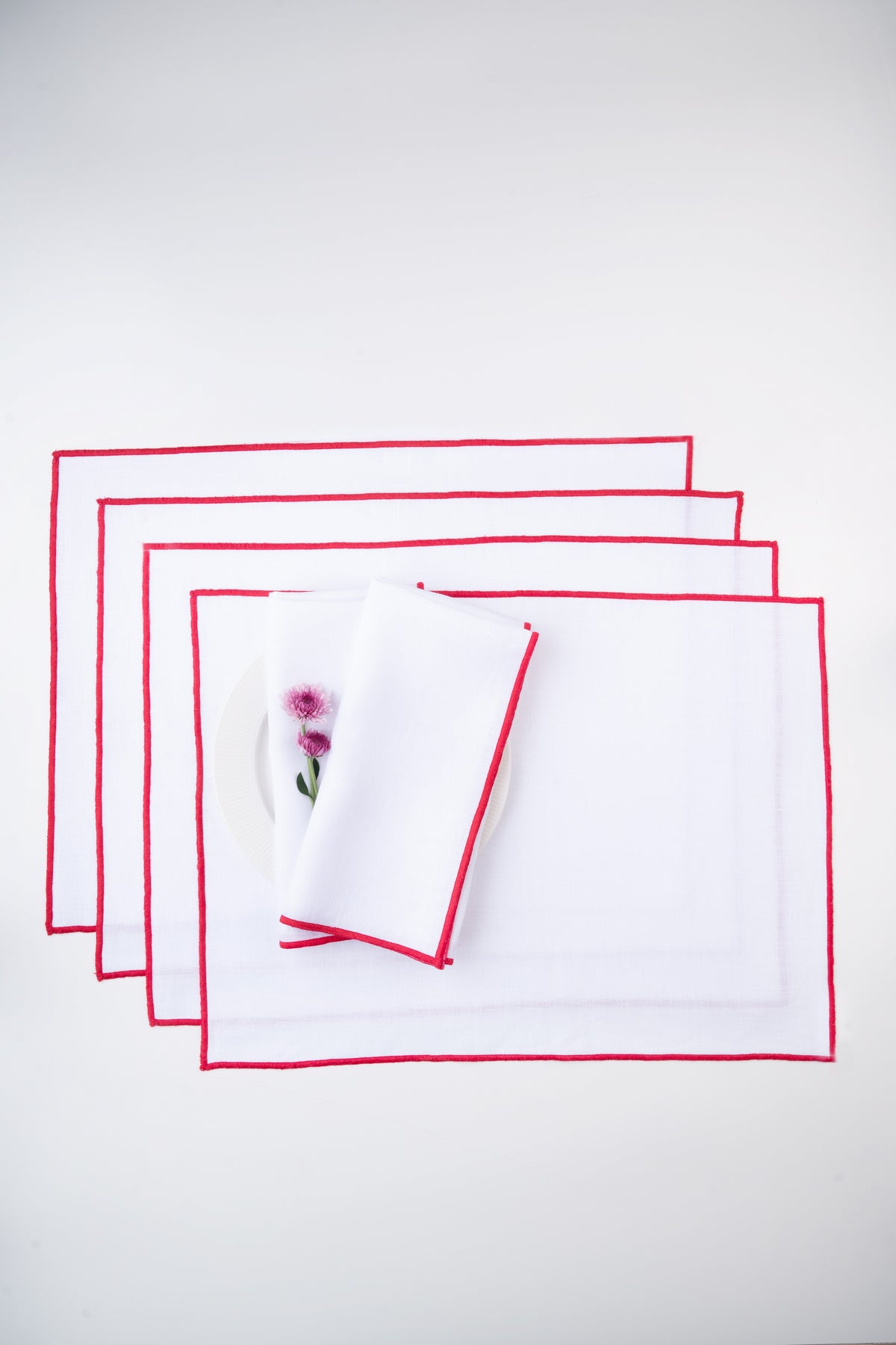 White & Red Linen Placemats 14 x 19 Inch Set of 4 - Marrow Edge