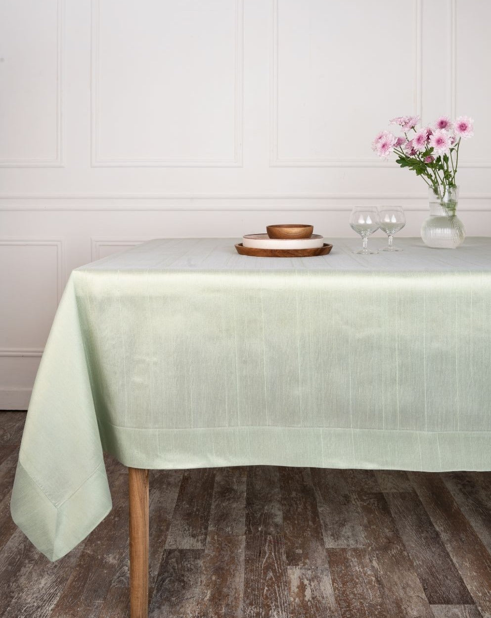 Sage Green Raw Silk Textured Tablecloth - Mitered Corner
