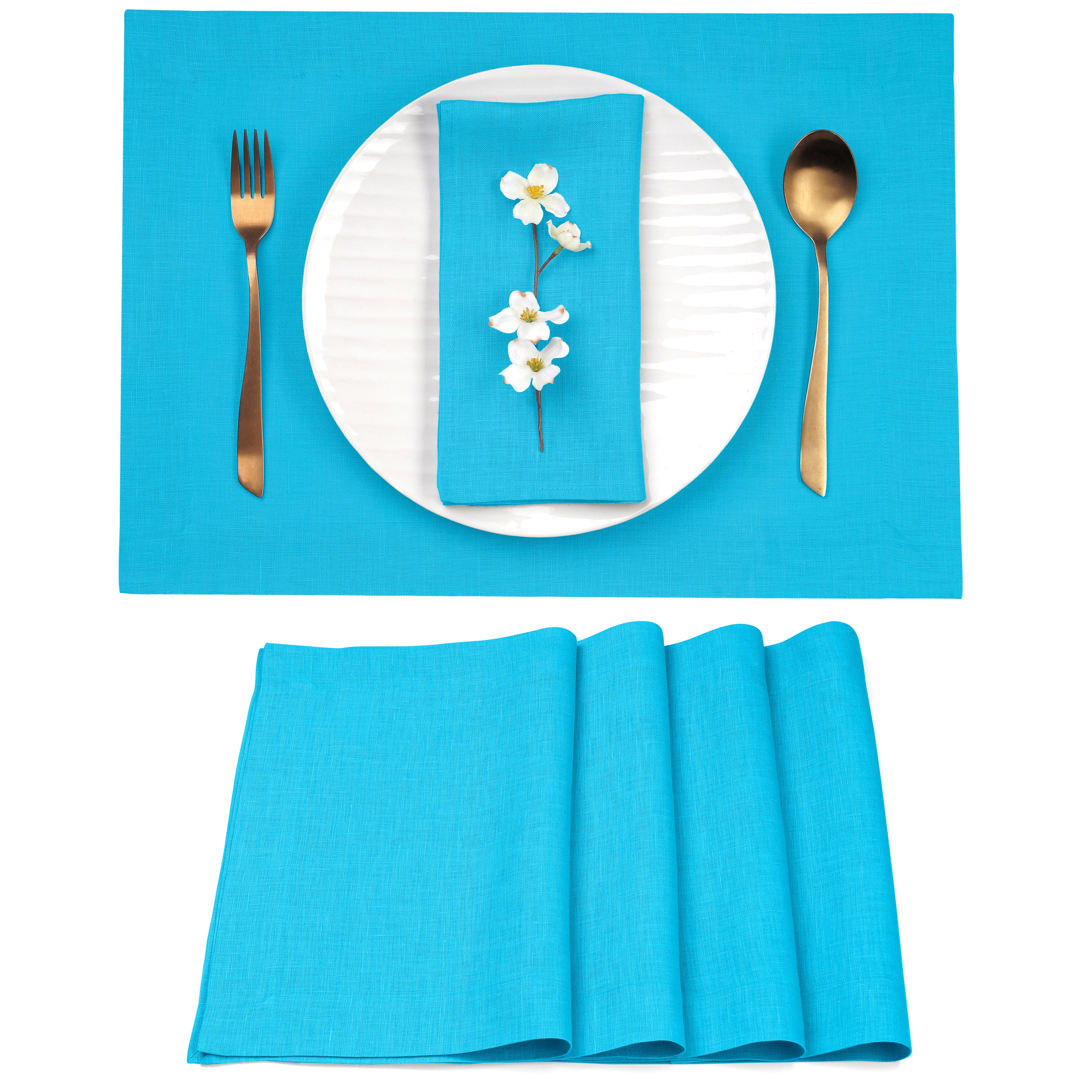 Cyan Blue Linen Placemats, Hemmed, 14 x 19 inch, 4 pcs