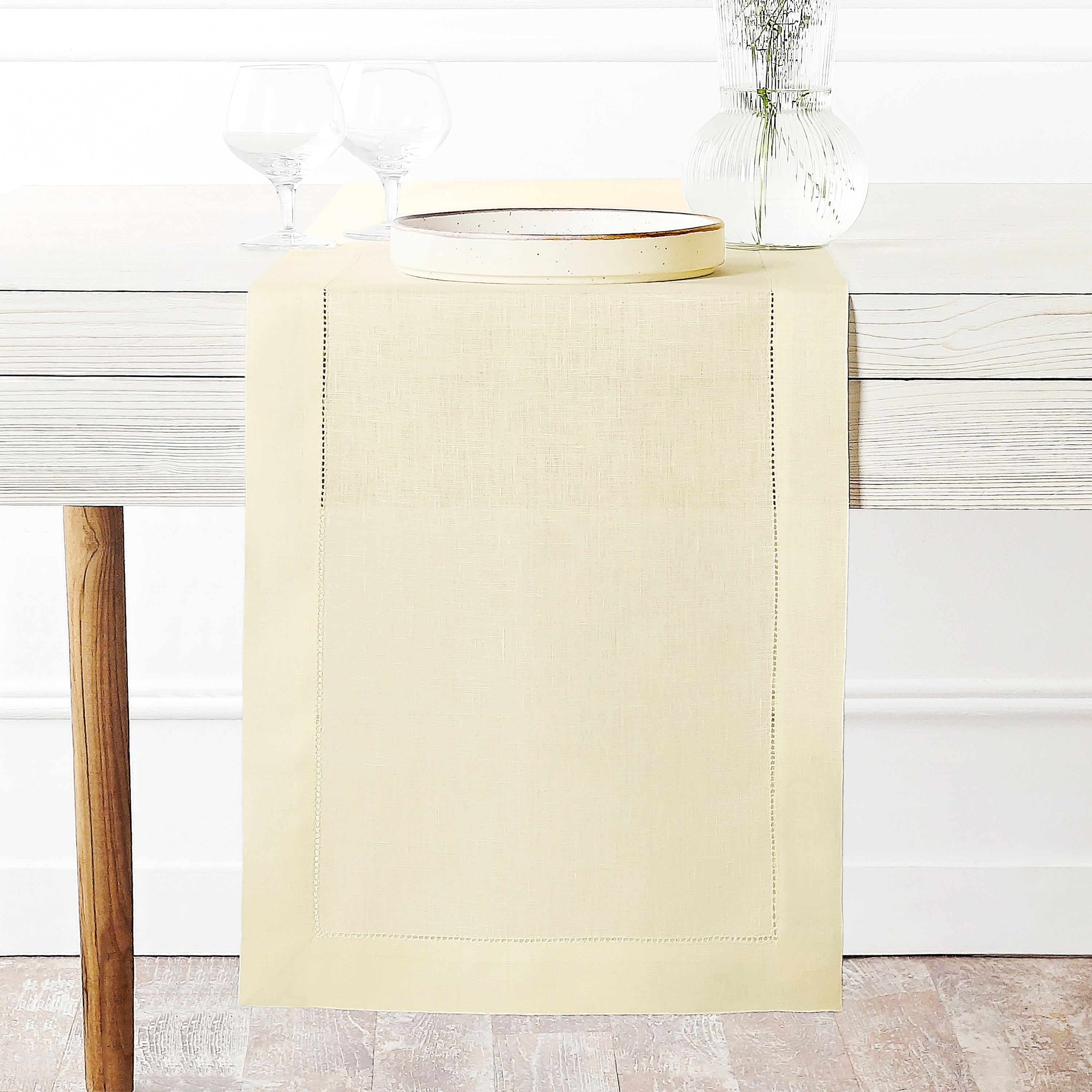 Cream Pure Linen Table Runner - Hemstitch