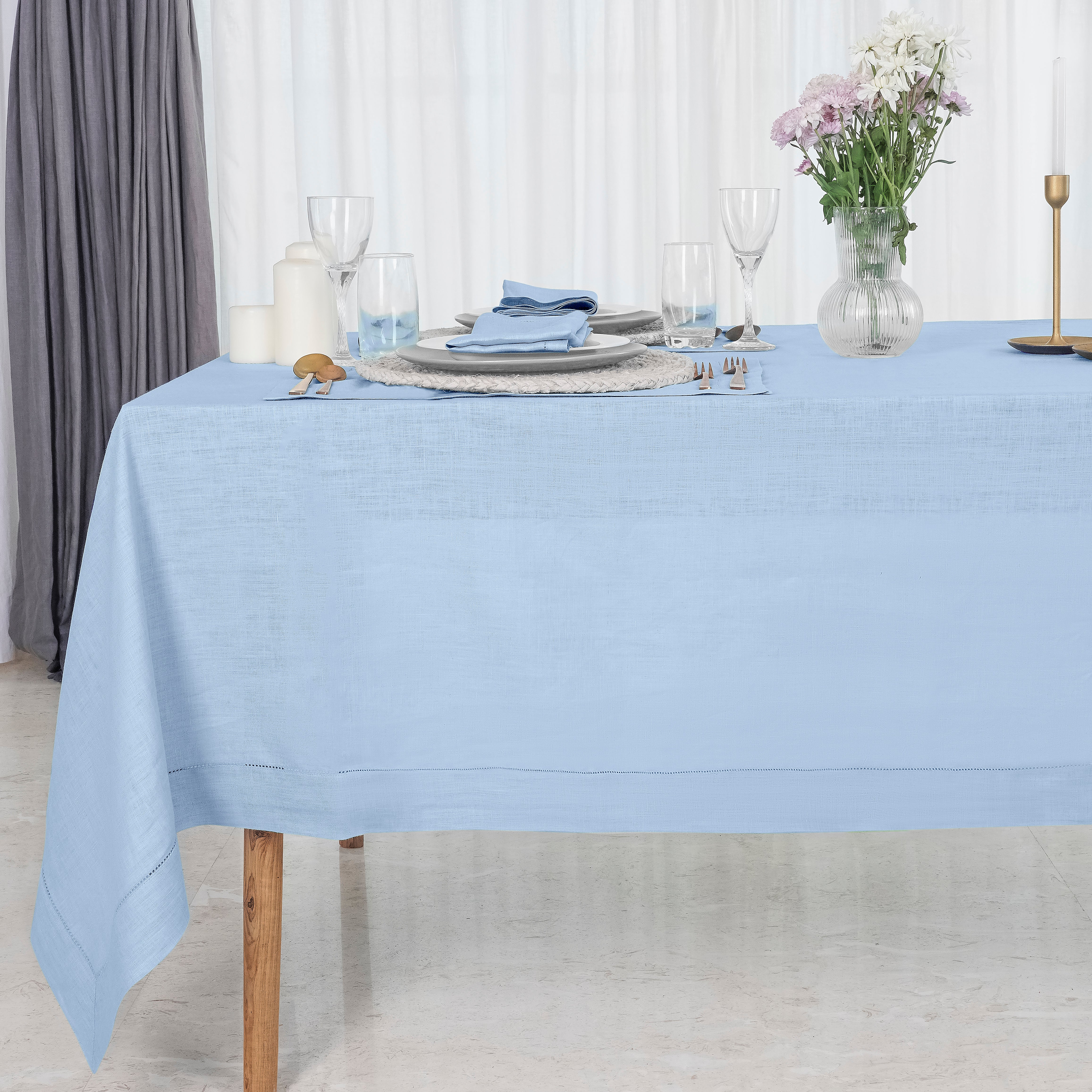 Powder Blue Linen Tablecloth, Hemstitch