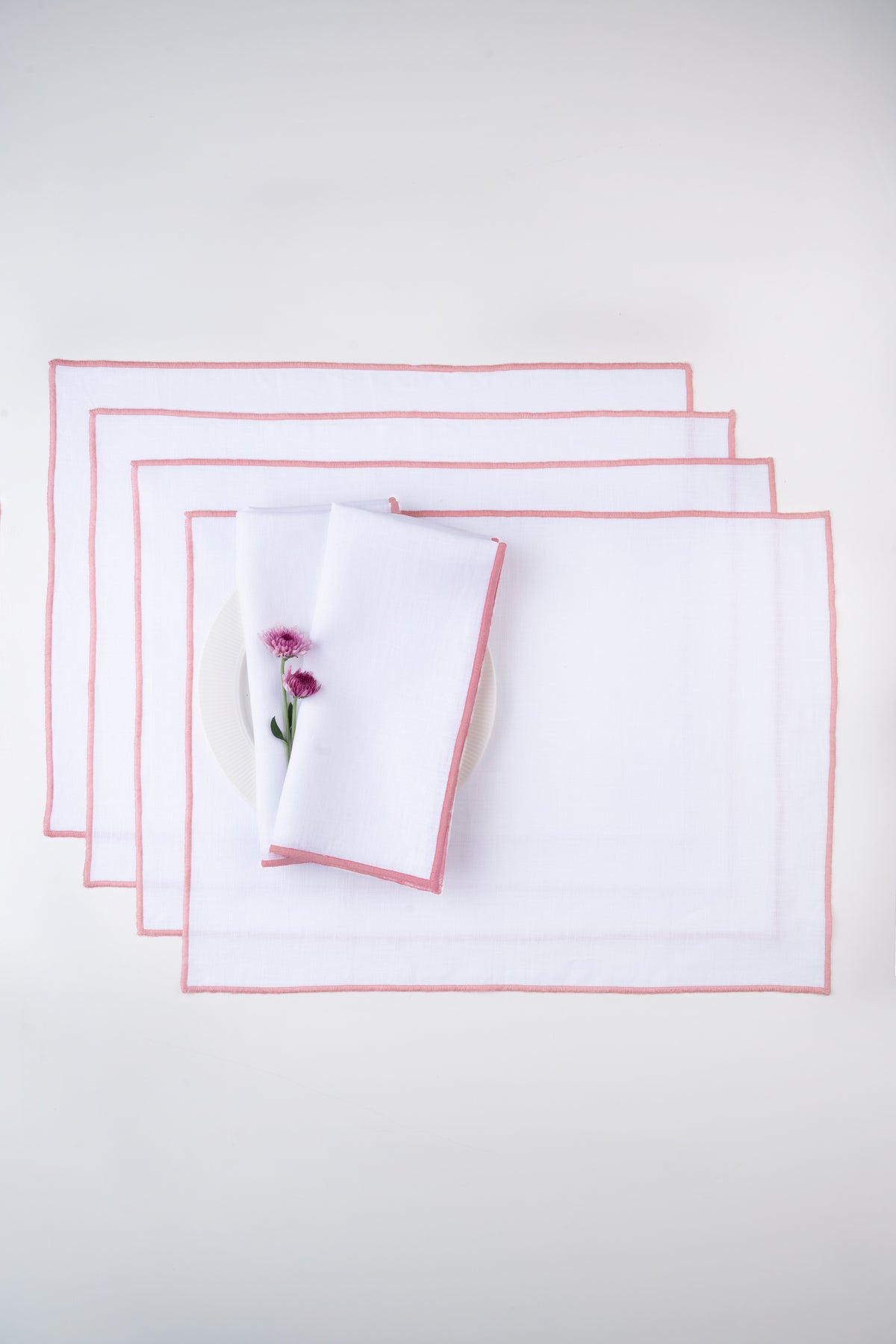White & Dusty Pink  Linen Placemats 14 x 19 Inch Set of 4 - Marrow Edge
