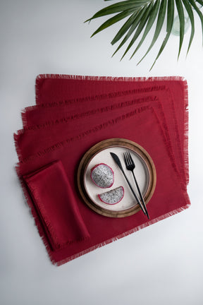 Red Linen Textured Placemats 14 x 19 Inch Set of 4 - Fringe