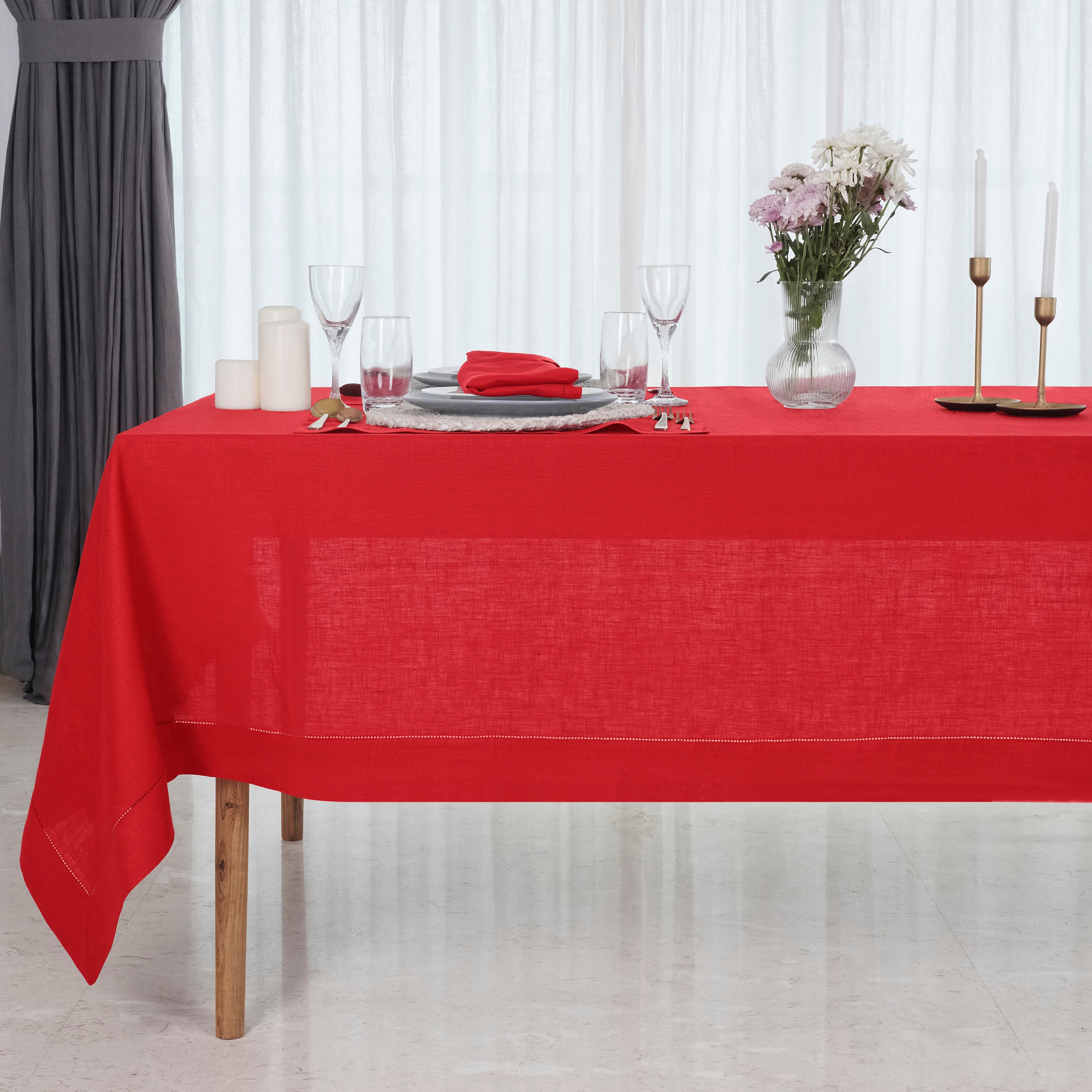 Bright Red Linen Tablecloth, Hemstitch