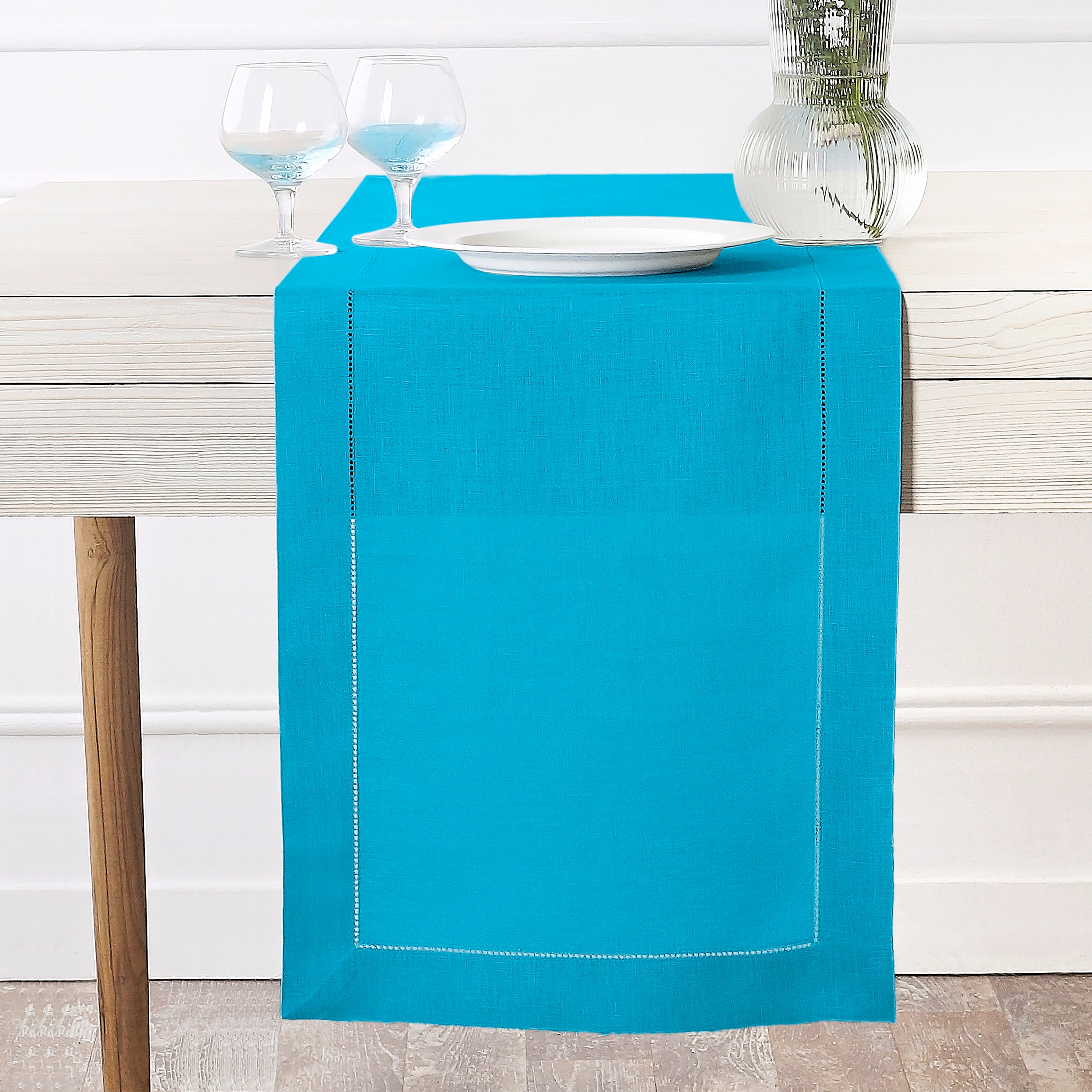 Cyan Blue Linen Table Runner, Hemstitch