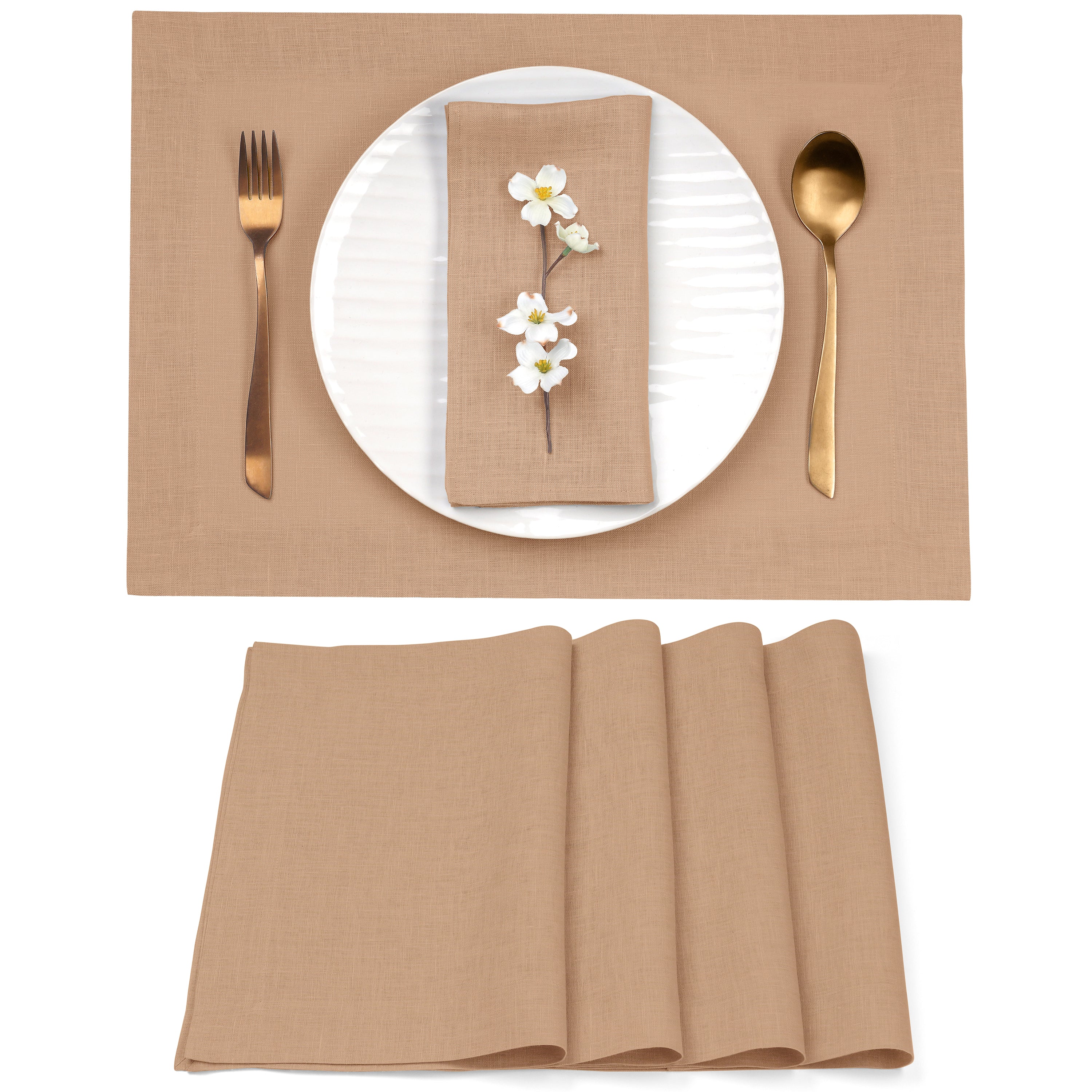 Champagne Beige Linen Placemats, Hemmed, 14 x 19 inch, 4 pcs