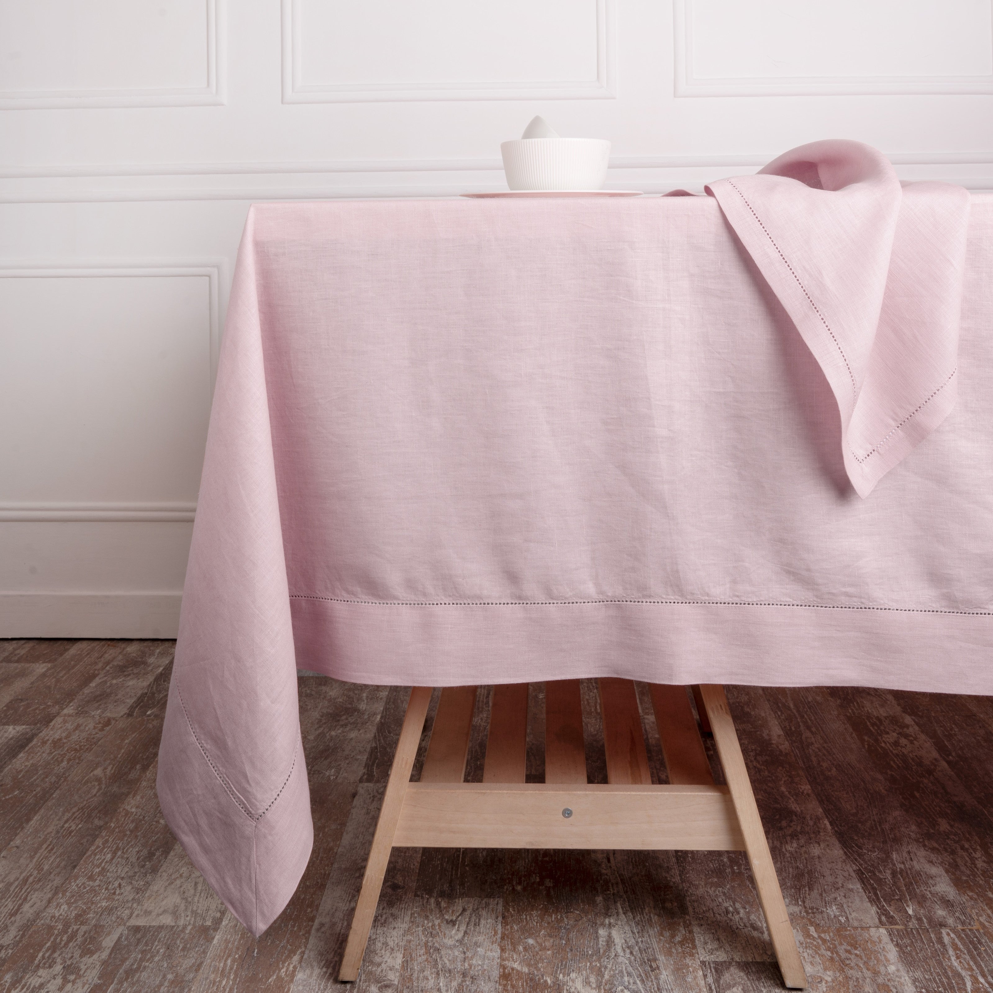 Pastel Pink Linen Tablecloth, Hemstitch