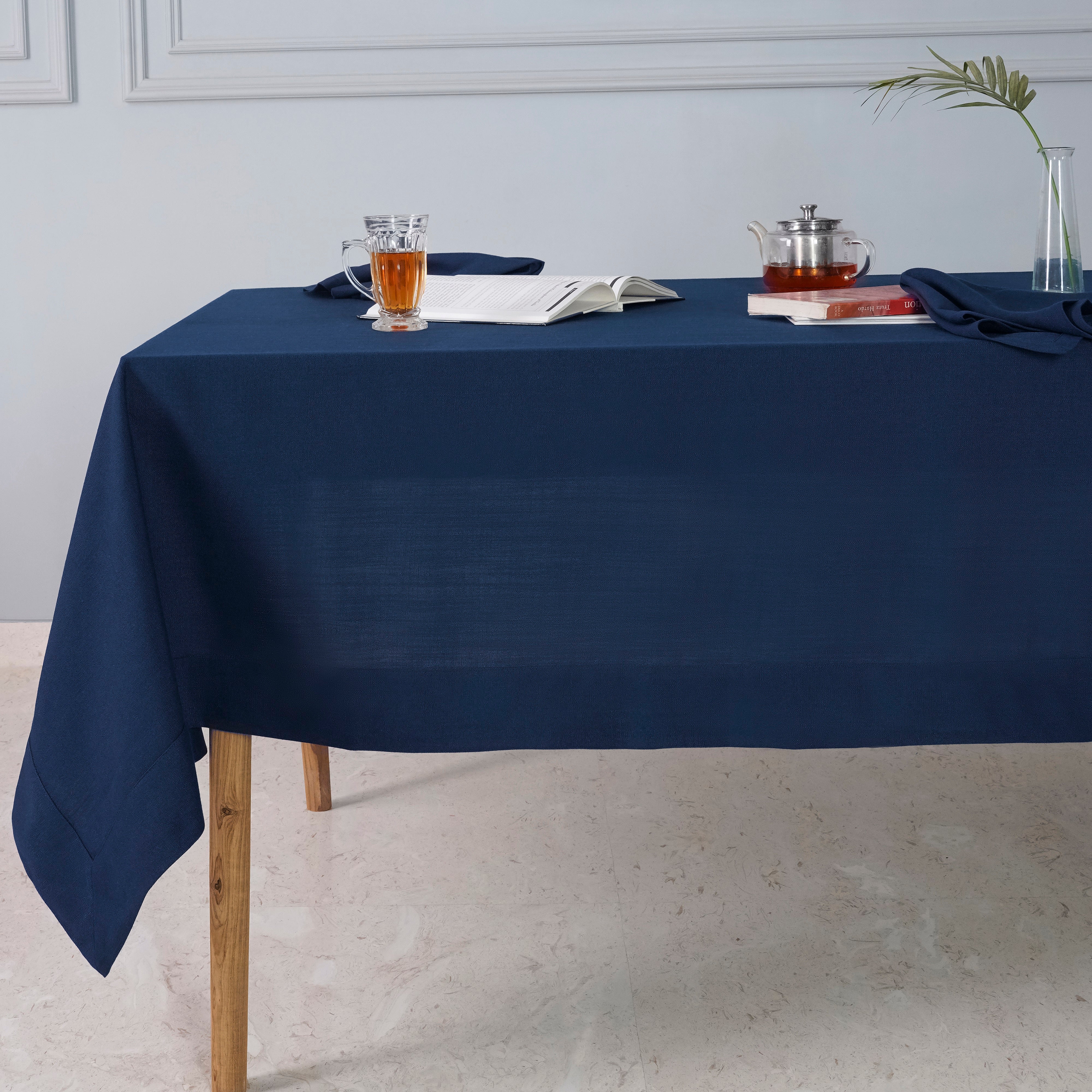 Navy Blue Tablecloth, Faux Linen, Mitered Corner