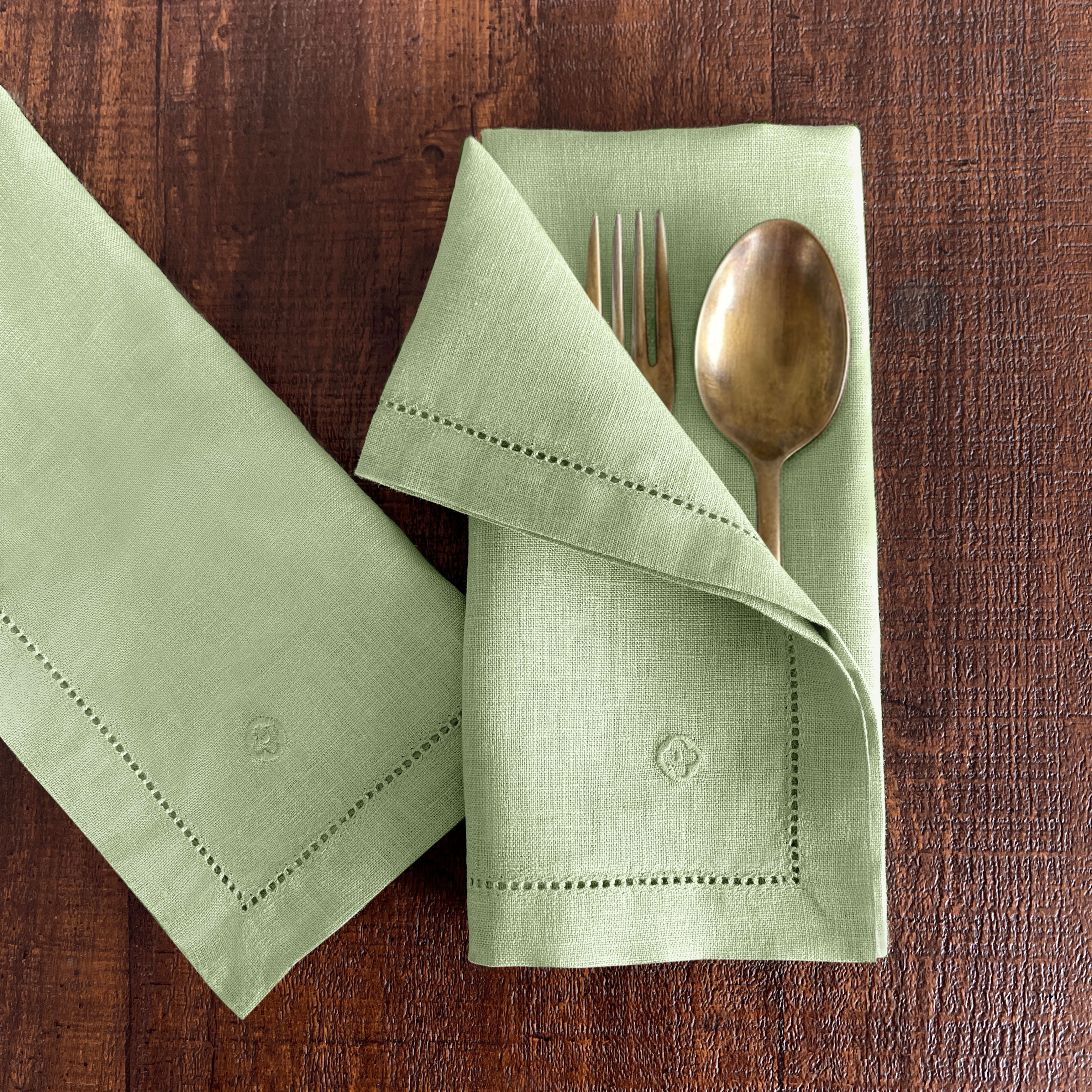 Sage Green Linen Napkins, Hemstitch, 18 x 18 inch, 700pcs, Embroidered