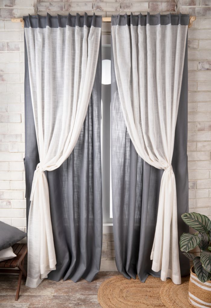 Charcoal Grey Linen Look with Sheer Jute Overlay Curtains | 1 Panel